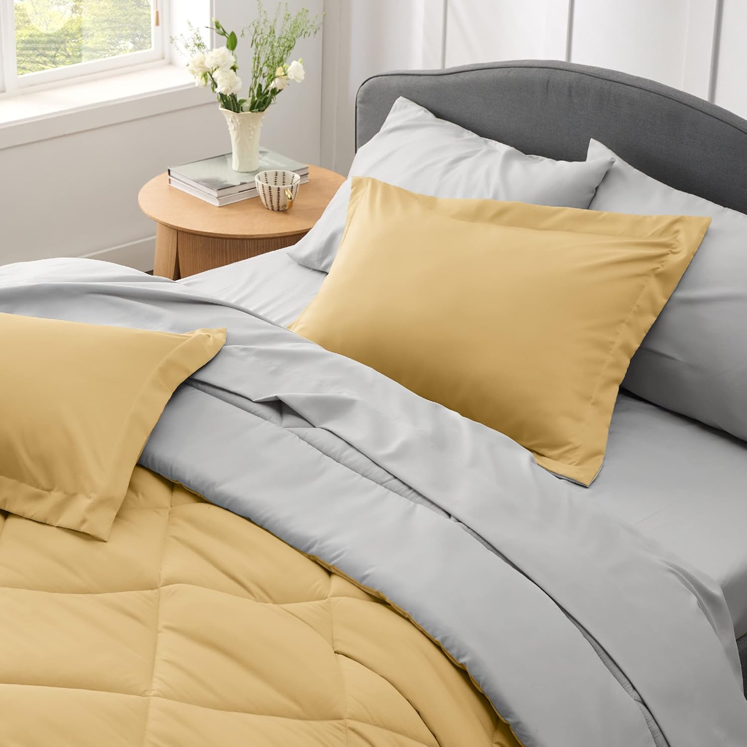 Bedsure Juego de edredón, tamaño individual XL, reversible, de 5 piezas, en una bolsa, con edredón, sábanas, fundas de almohada y fundas, amarillo