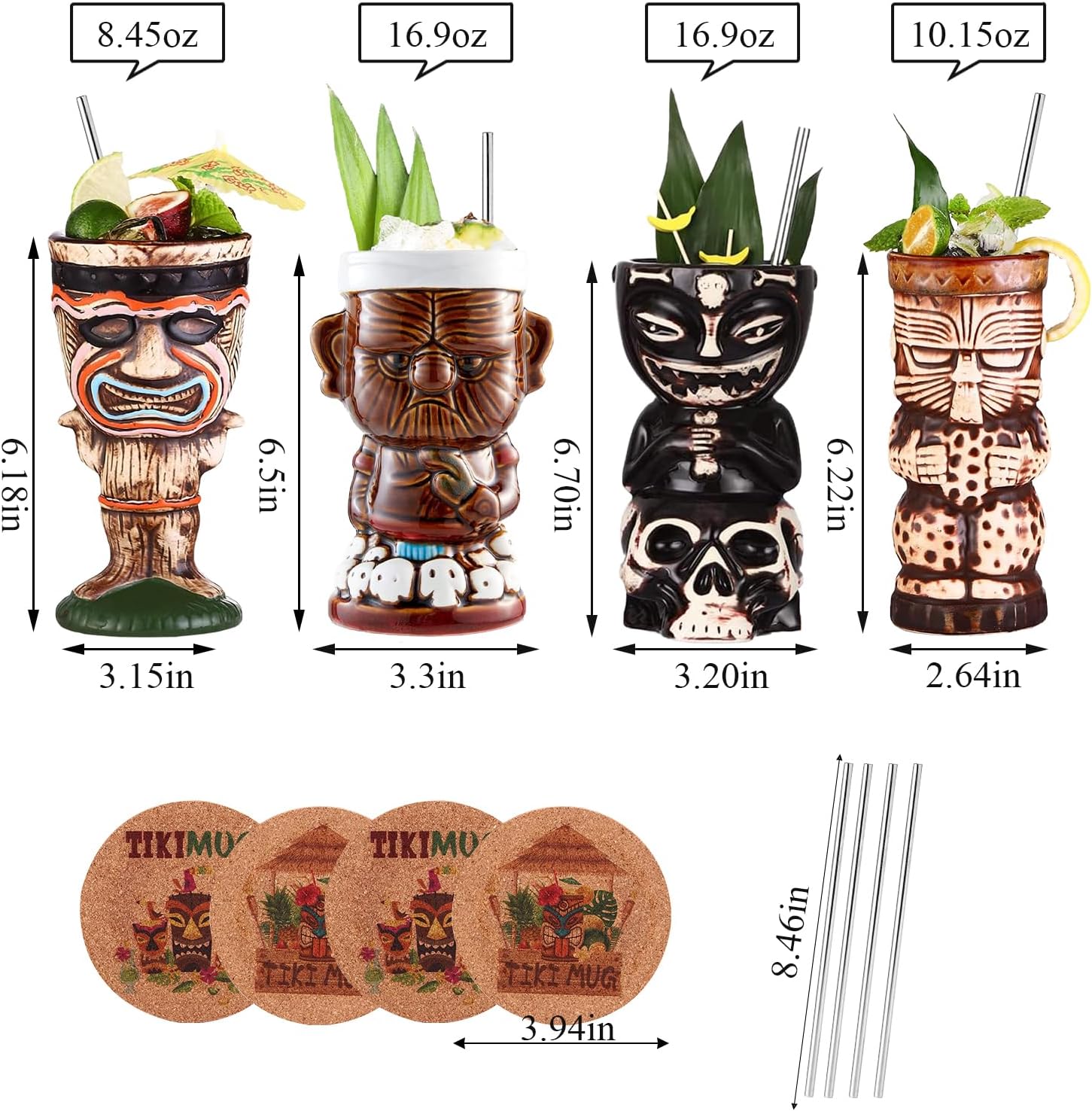 Juego de 4 tazas Tiki para cóctel, vasos de cerámica Tiki para fiesta de estilo hawaiano, vasos tropicales para barras Mai Tai, Luaus y Tiki.