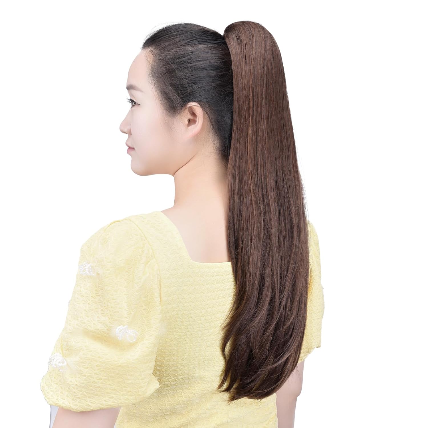 Extensión de cola de caballo marrón sintético clip garra cola de caballo 22 pulgadas recta 5.5 oz falsos postizos mujeres Yaki Fluffy enredado