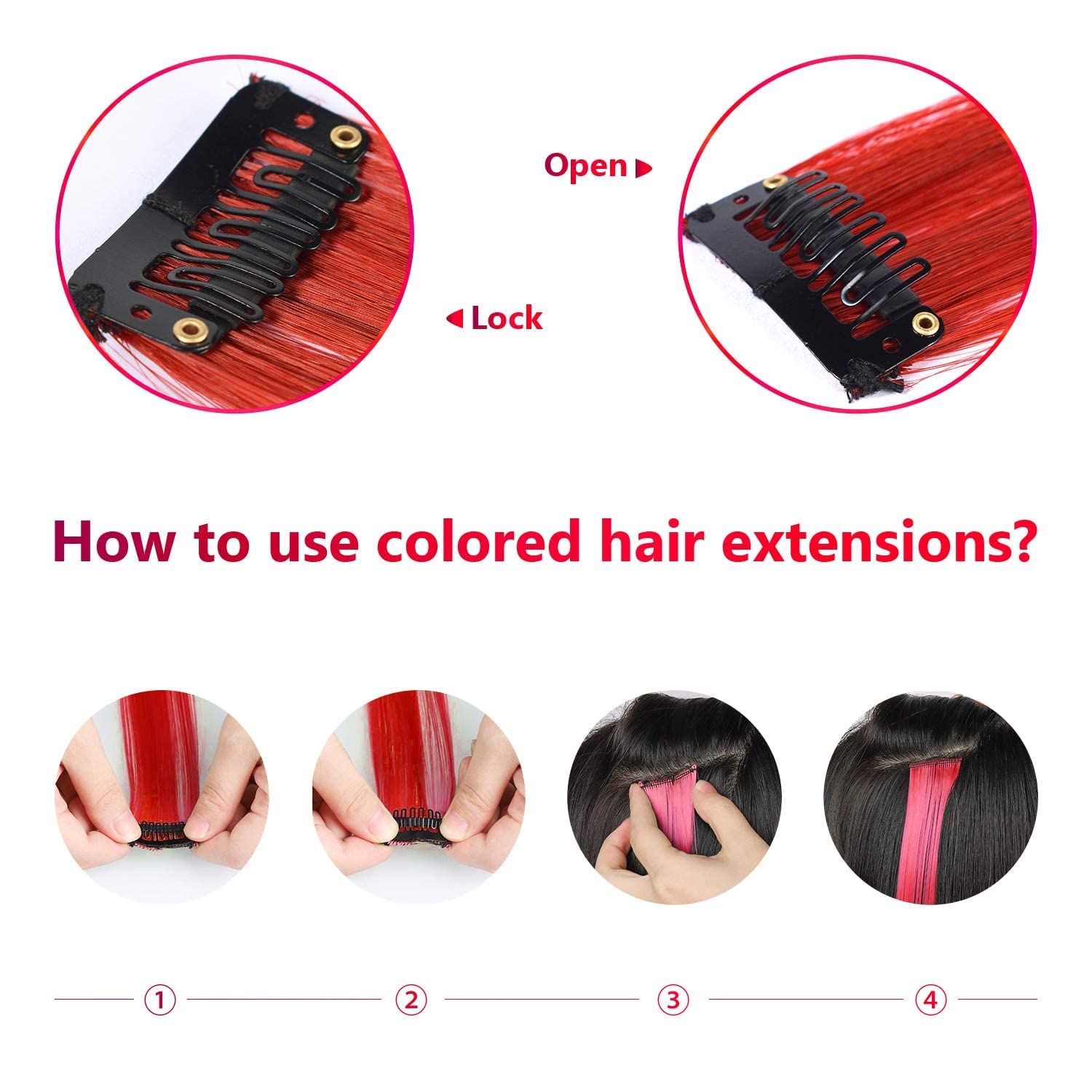 Extensiones de cabello de colores con clip, 21 pulgadas, lacio, colorido para mujer, fiesta, Navidad, cumpleaños (clareto), 12 unidades