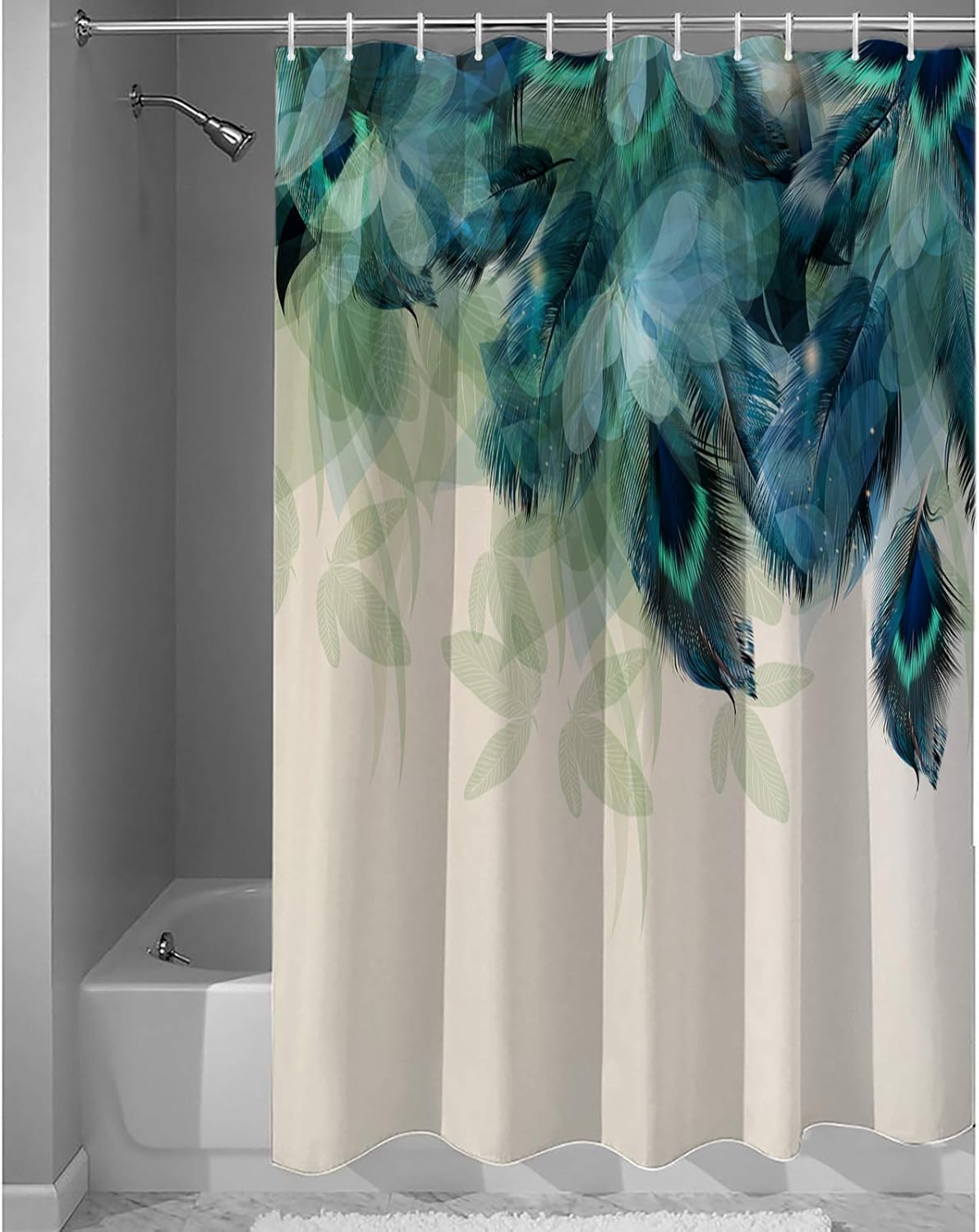 Cortina de ducha con diseño de plumas de pavo real, impermeable, tela de poliéster, juego de cortinas de ducha con ganchos, 72 pulgadas de ancho x