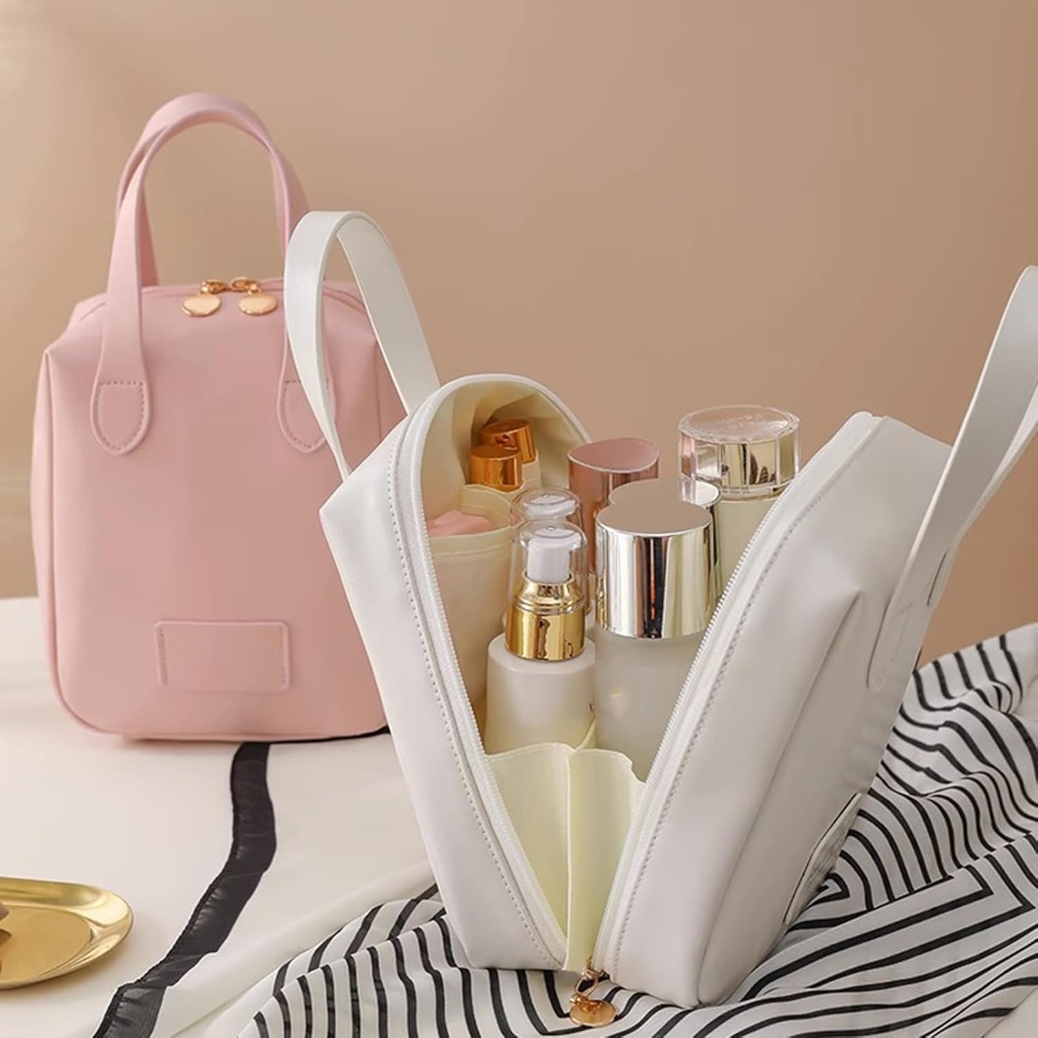Atlodas Bolsa de maquillaje premium, bolsa de cosméticos portátil para mujeres con compartimentos, bolsa de maquillaje de viaje de gran capacidad