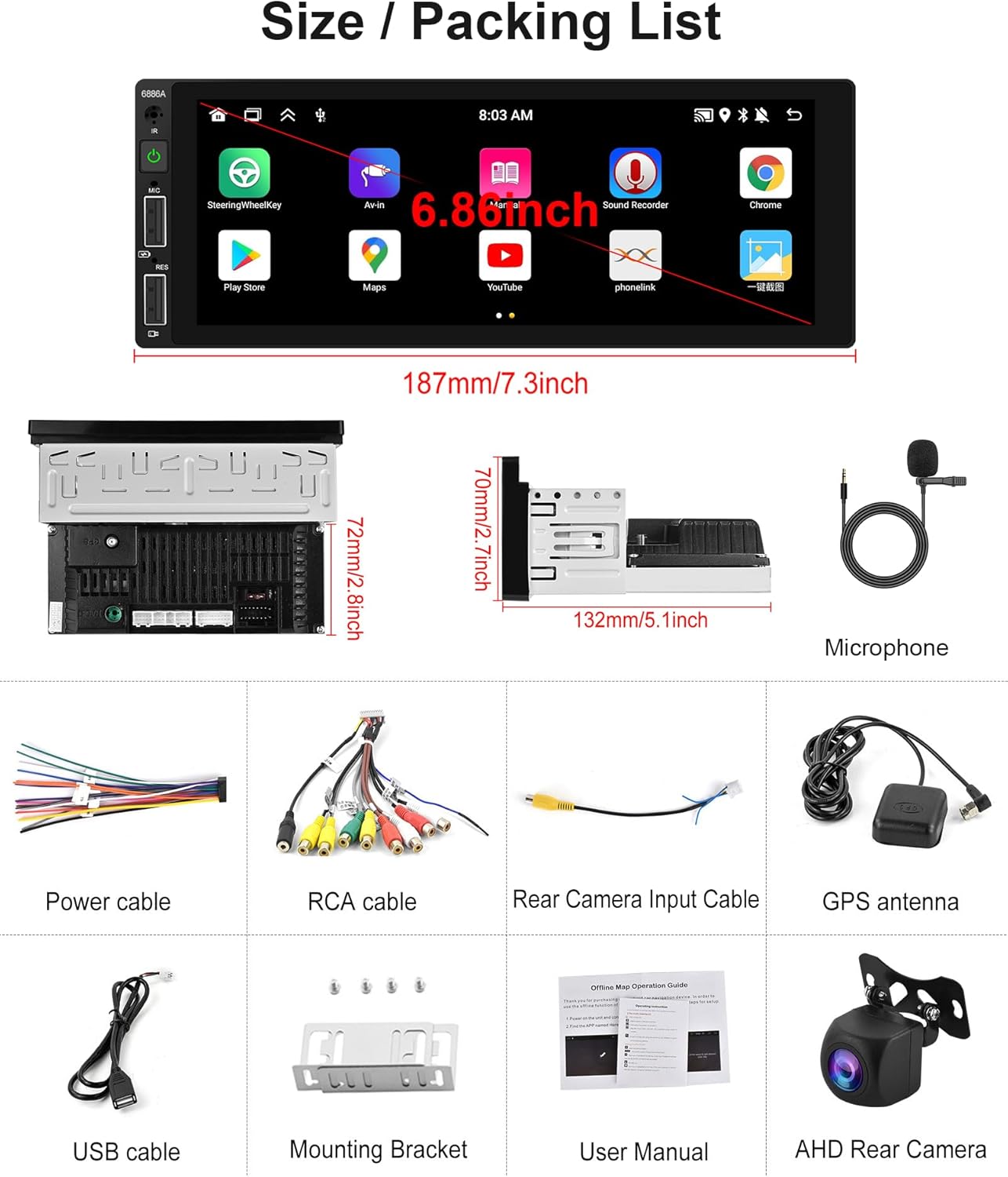 2G+32G Android Single DIN inalámbrico Apple Carplay Car Stereo Android Auto podofo 6.86 pulgadas Pantalla táctil HD Bluetooth Radio de coche en Dash