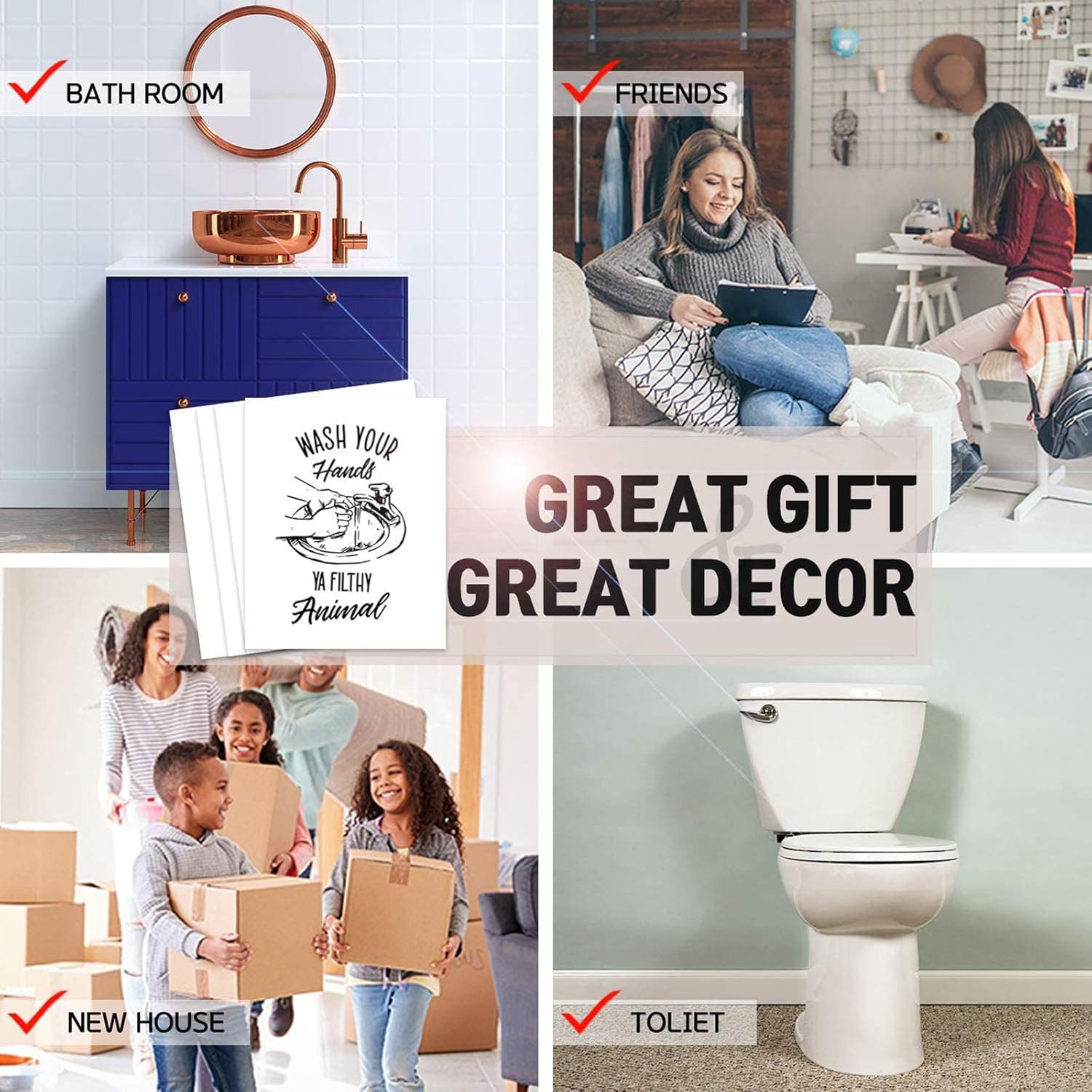 Divertidos carteles de baño (juego de 4 sin marco, 8 x 10 pulgadas), impresiones de decoración de pared de tipografía de baño, blanco y negro sin