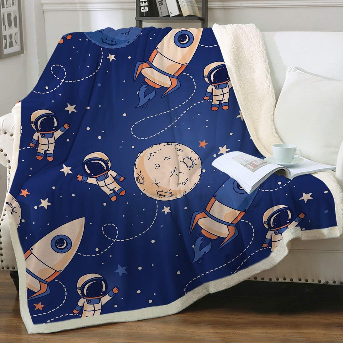 Sleepwish Manta espacial para niños y niños, manta de cohete azul oscuro, linda manta de vellón de astronauta planeta estrella para sofá, silla,