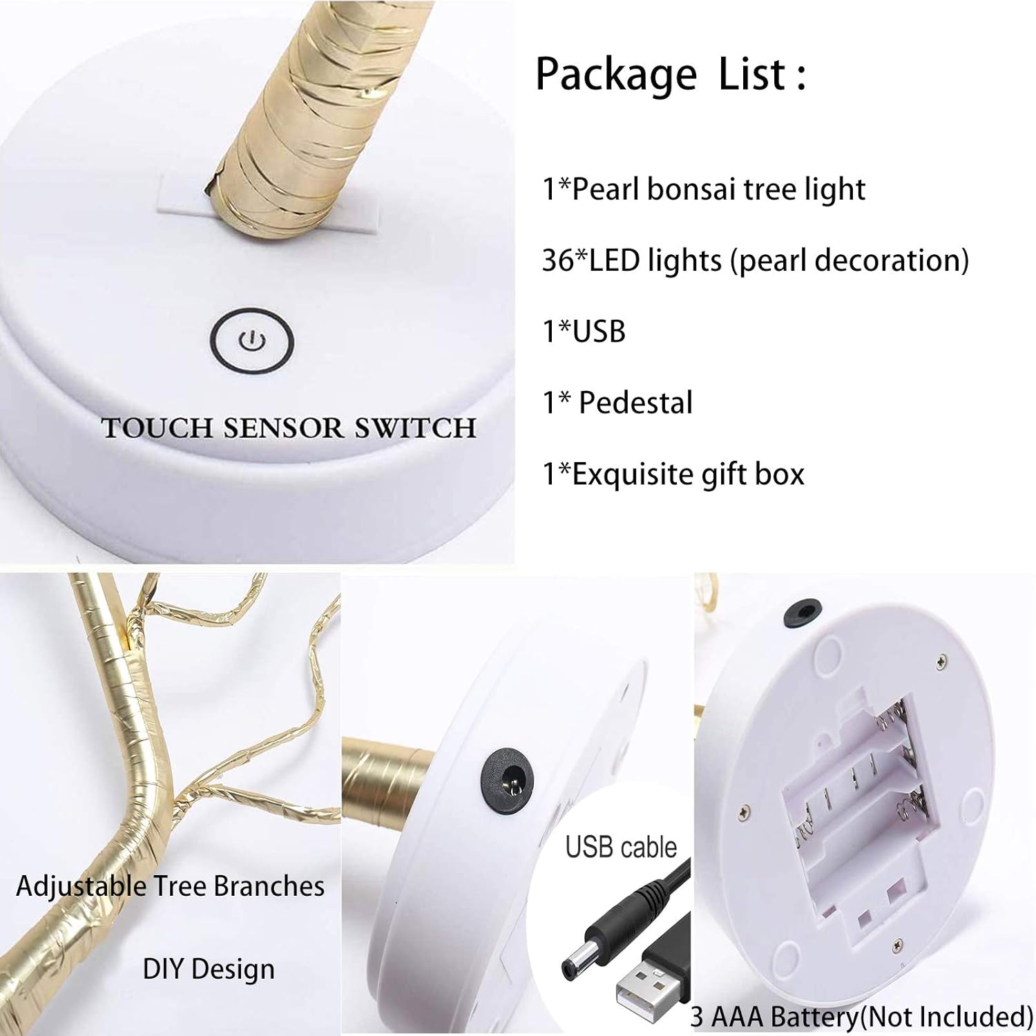 Luz LED de árbol bonsái de mesa con 36 perlas, luz artificial blanca cálida para árbol de hadas, decoración para Acción de Gracias, boda, fiesta,