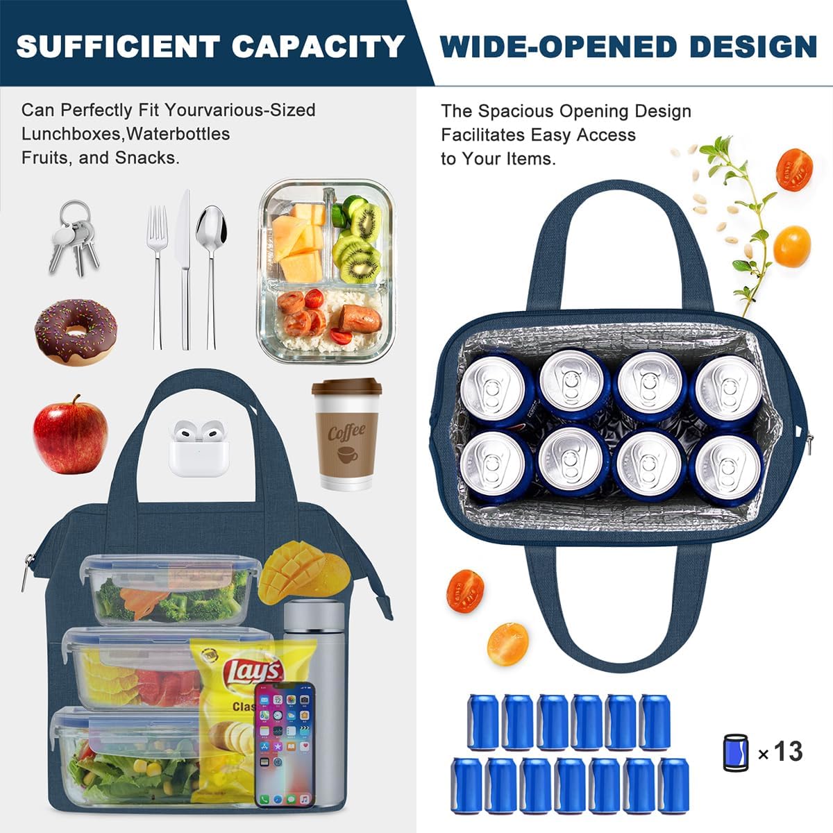 Lonchera simple para mujeres y hombres, bolsa de almuerzo aislada y 1 bolsa de almacenamiento, bolsa de almuerzo simple reutilizable para el