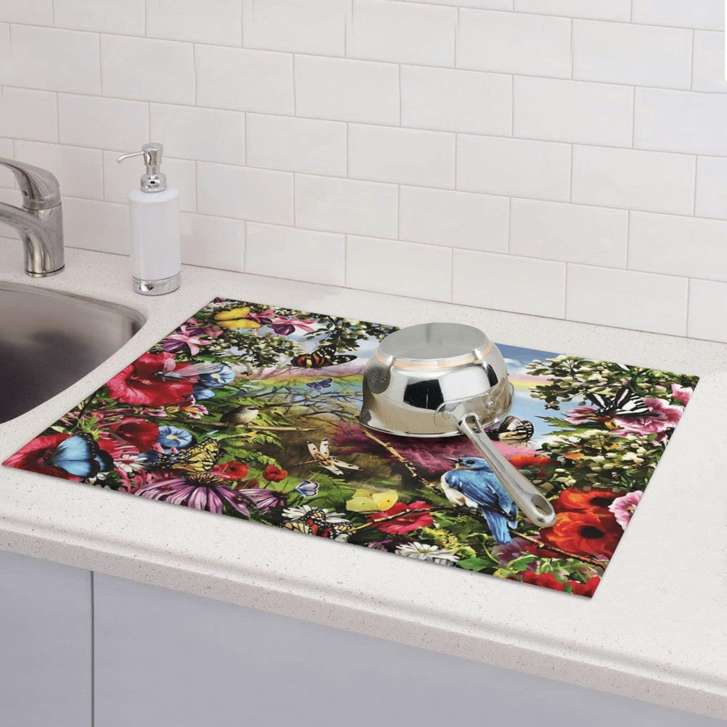Tapete de secado de platos con diseño de flores de pájaro para encimera de cocina, extra grande, absorbente, microfibra de secado rápido, accesorios