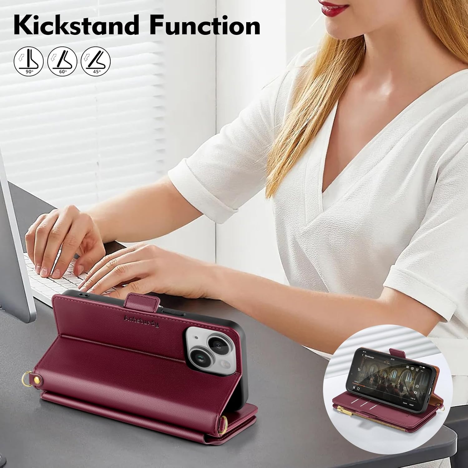 Antsturdy Funda tipo cartera compatible con iPhone 15 para mujer con bloqueo RFID, funda cruzada de piel sintética con cremallera y correa para la