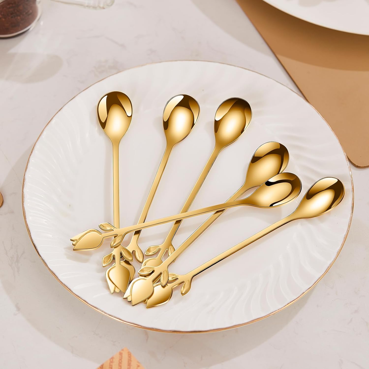 Cucharas de café pequeñas con mango de tulipán de 6 pulgadas, juego de 12 cucharaditas doradas de acero inoxidable, cucharas de postre elegantes y