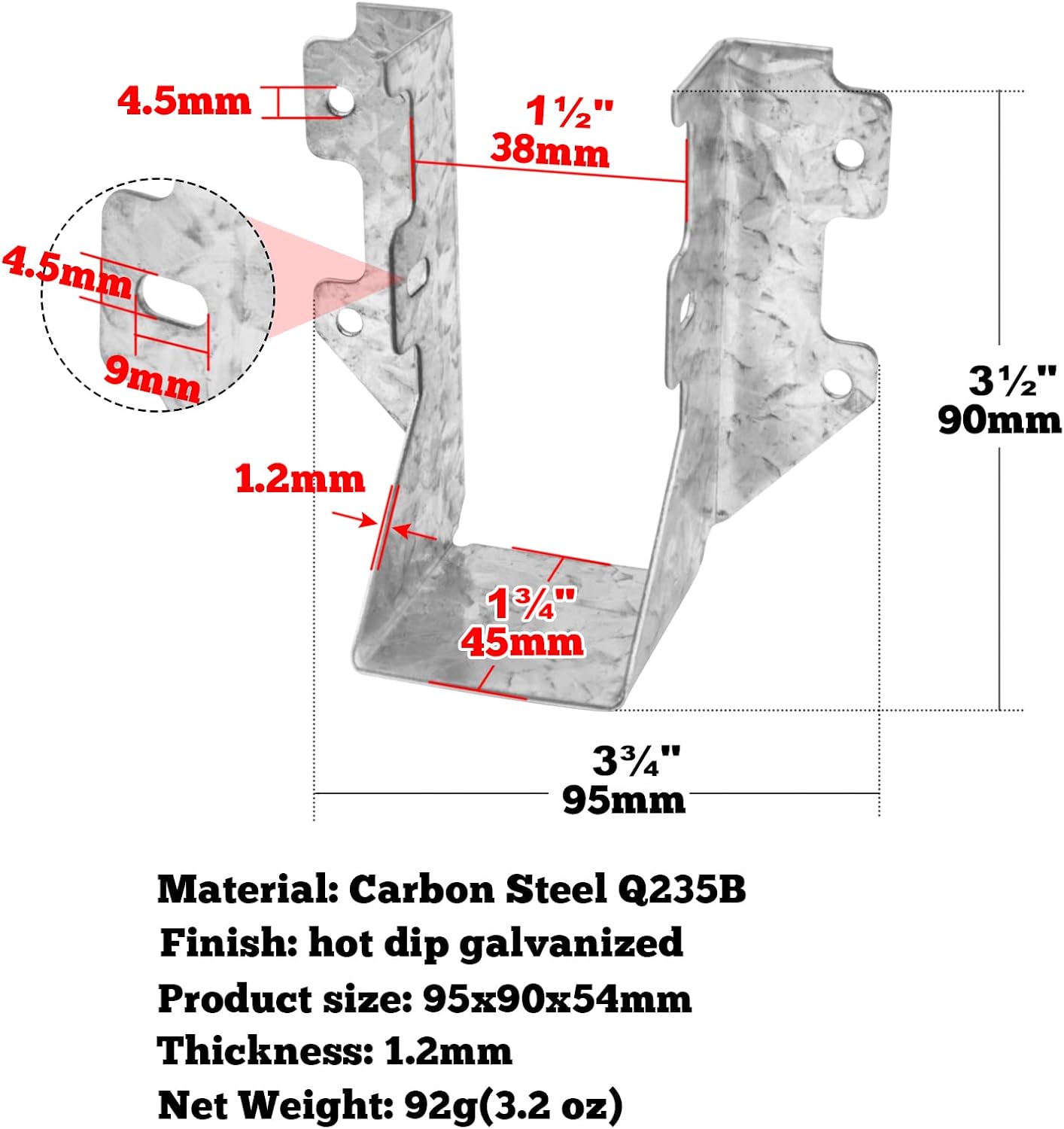 Colgador de vigas para vigas, conectores estructurales para montaje frontal, 2 x 4 de montaje en la cara de 2 x 4, calibre 18, acabado galvanizado