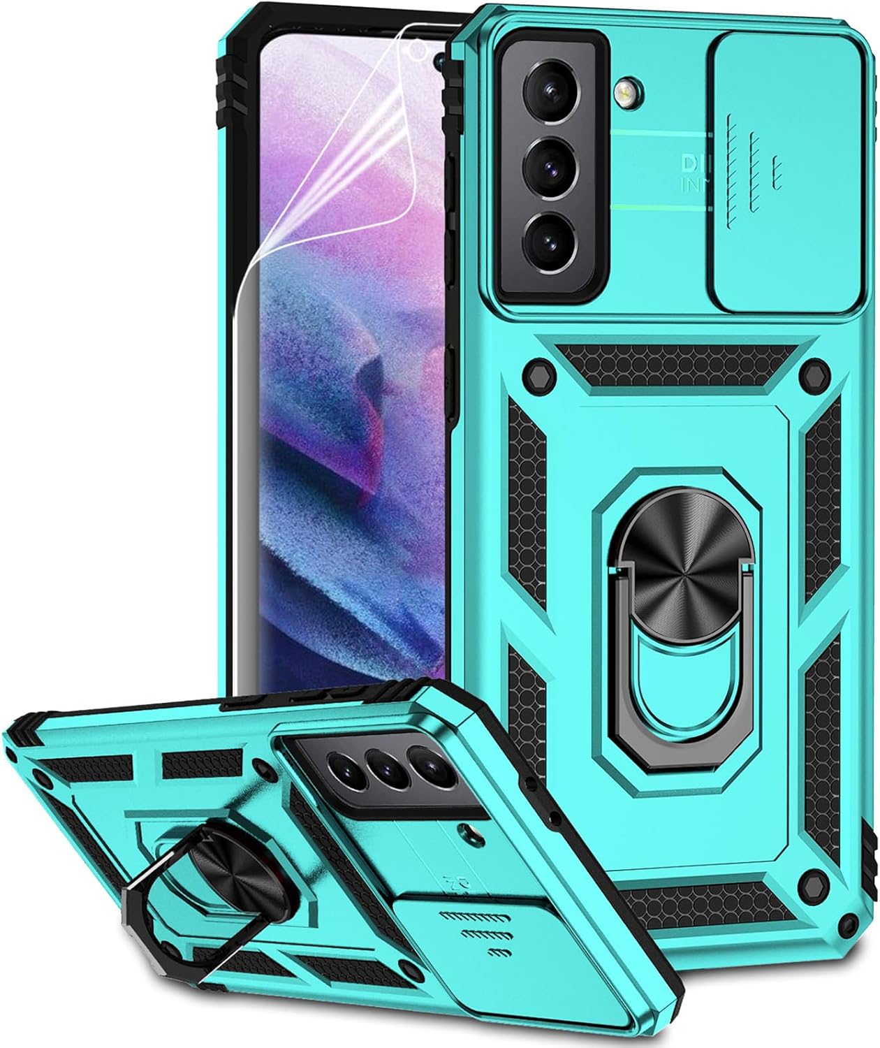 Funda para Samsung Galaxy S21 Plus con cubierta para lente de cámara, protector de pantalla HD, resistente a caídas de grado militar, soporte de