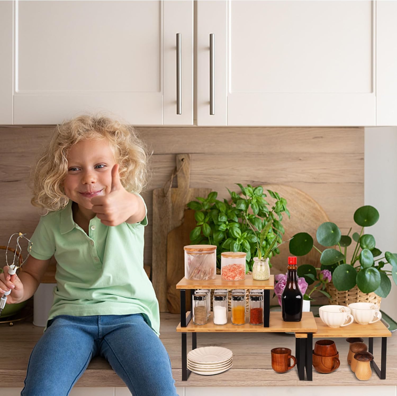 Organizador de estantes de cocina, estantes elevadores, apilables, ampliables para exhibición de especias, platos, tazas (paquete de 3, S, M y L,