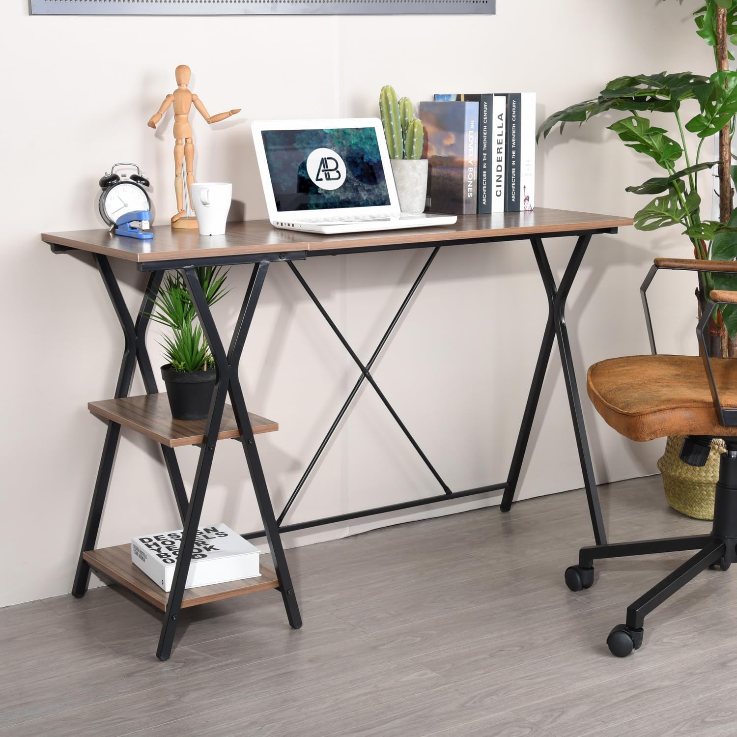 wOod-it Escritorio de escritorio de oficina en casa de 47 pulgadas con estante de 2 niveles, mesa de estación de trabajo que ahorra espacio,