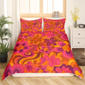 Juego de ropa de cama con estampado floral retro hippie para niños, adolescentes, funda de edredón con estampado floral bohemio vintage de los años Juego de ropa de cama con estampado floral retro hippie para niños, adolescentes, funda de edredón con estampado floral bohemio vintage de los años