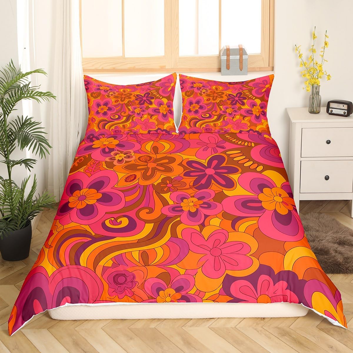Juego de ropa de cama con estampado floral retro hippie para niños, adolescentes, funda de edredón con estampado floral bohemio vintage de los años