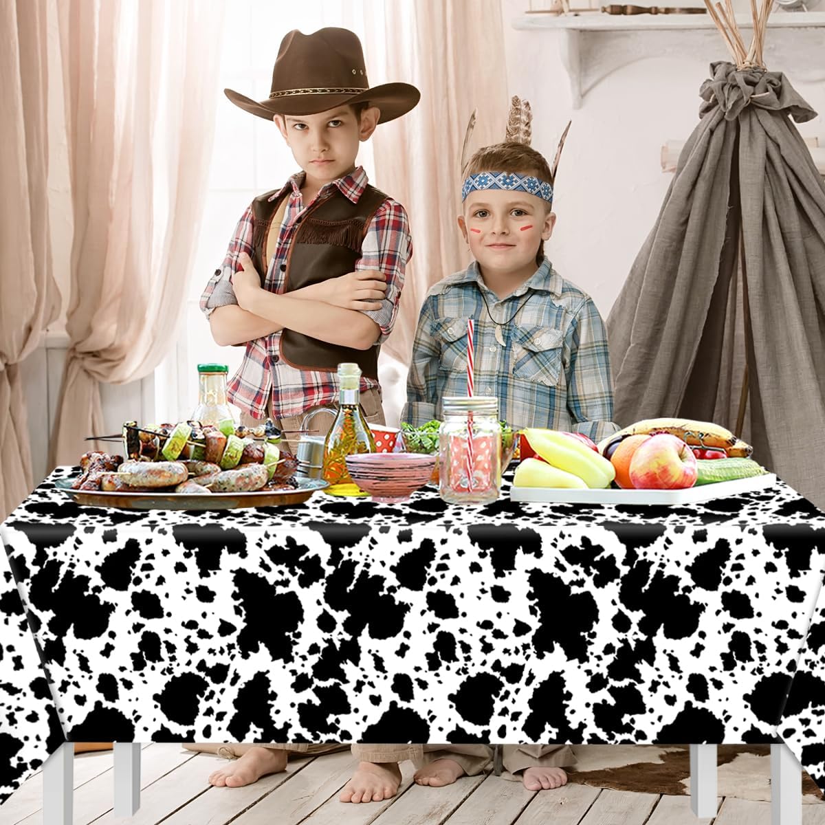 Decoraciones de vaca de las montañas, 3 manteles con estampado de vaca, animales de granja, estampado de vaca negra, funda rectangular de plástico