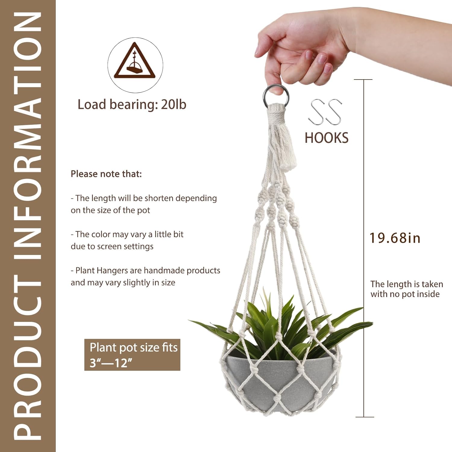 Artilady Colgador de macramé para plantas, maceta colgante grande para plantas de interior, cuerda de algodón blanco, cesta colgante para plantas,