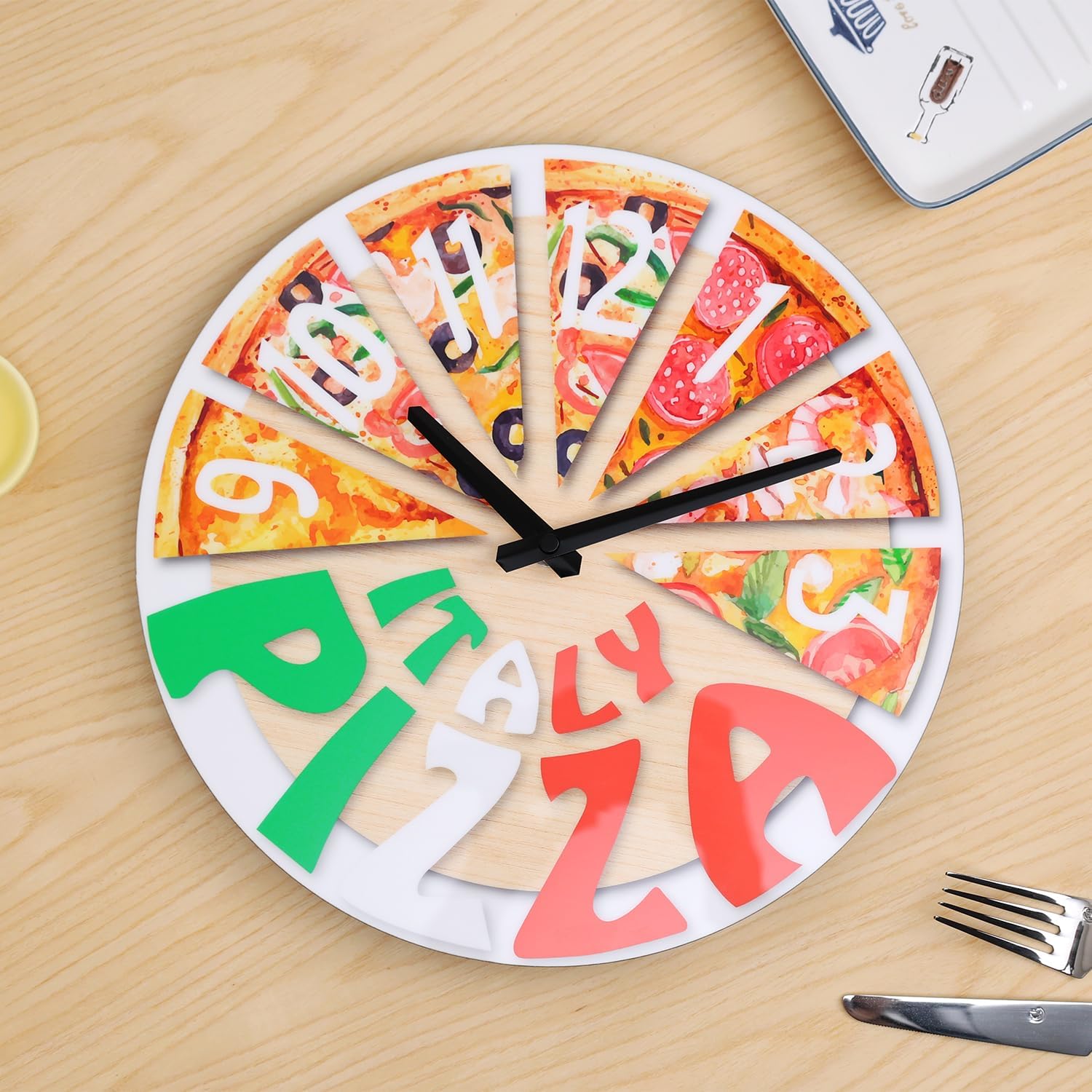 NUOVO Reloj de pared de 12 pulgadas, reloj de pared para pizza, funciona con pilas, silencioso, sin tictac, rústico, vintage, reloj de pared con