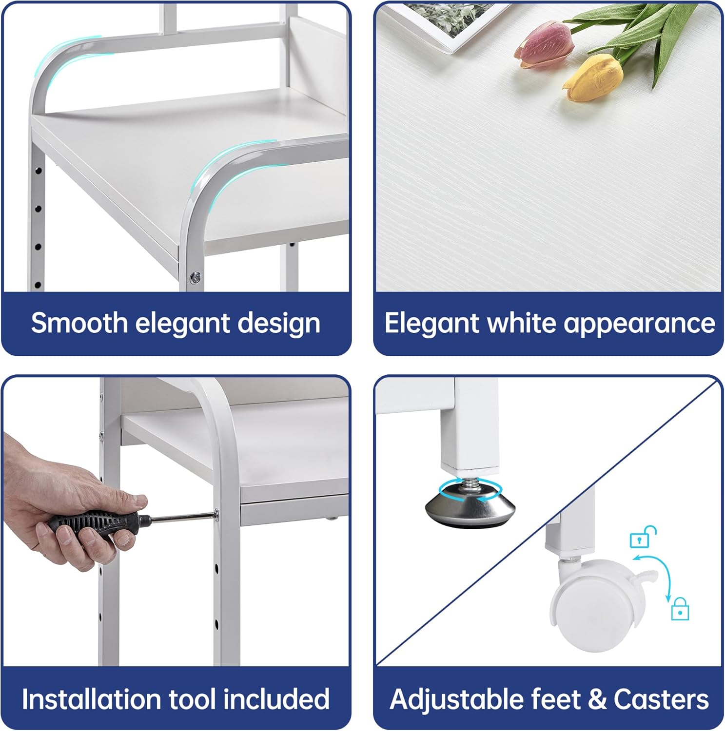 Soporte blanco para impresora, mesa de impresora de 3 estantes con ruedas, carrito de impresora rodante para oficina en casa, organización y