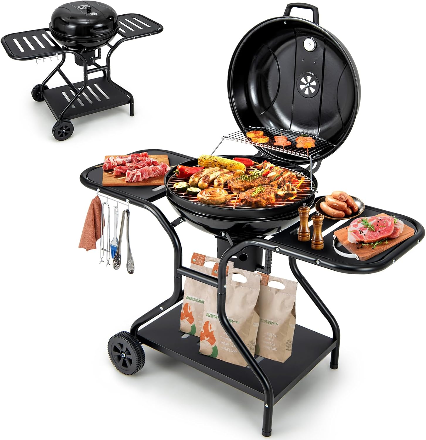 Giantex Kettle – Parrilla de carbón de 22 pulgadas, cuerpo y tapa esmaltados de porcelana, 2 mesas auxiliares con 4 ganchos, estante de