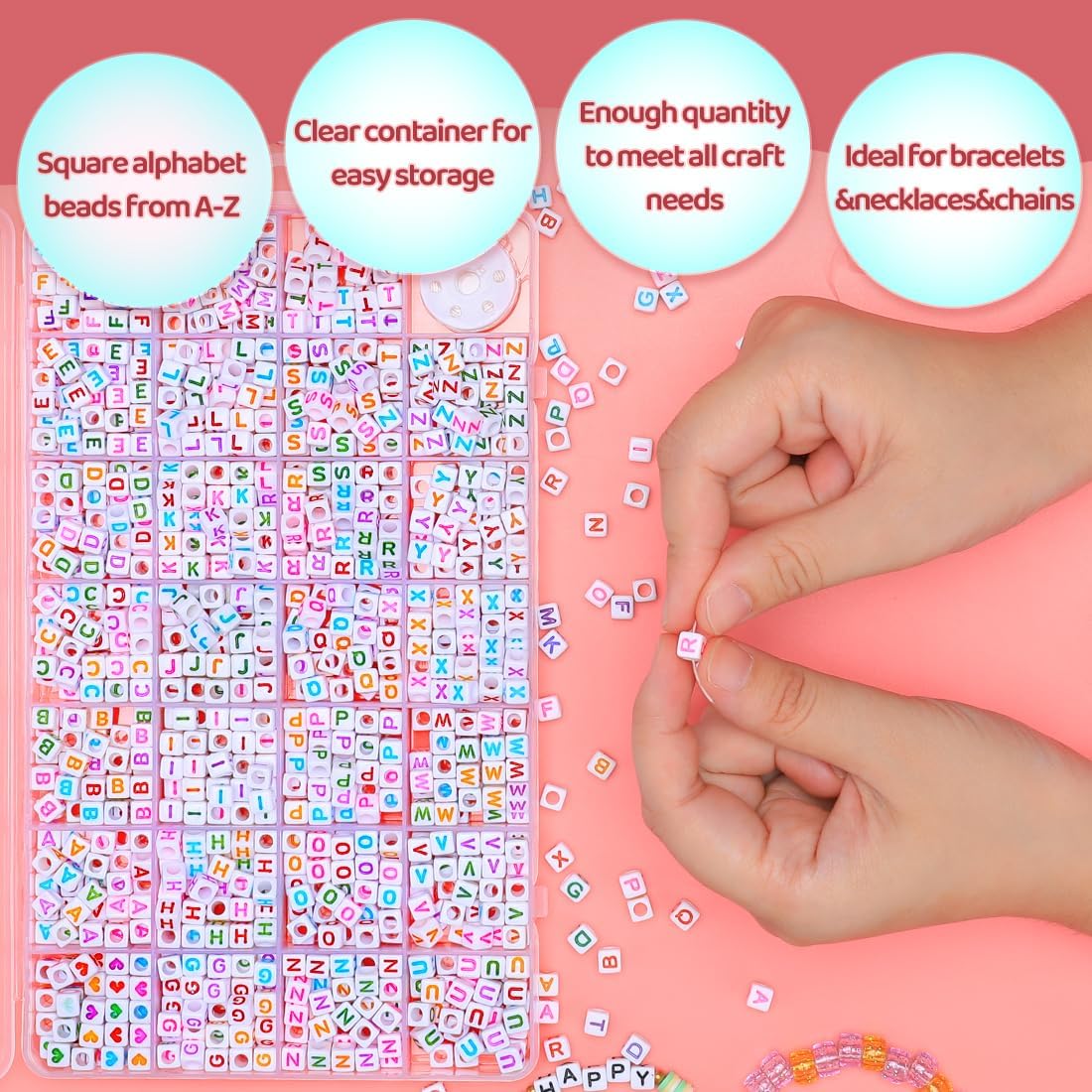 Iooleem Cuentas de letras, 1215 cuentas cuadradas del alfabeto de 6 x 6 pulgadas, cuentas para hacer joyas, cuentas para hacer pulseras (blanco y