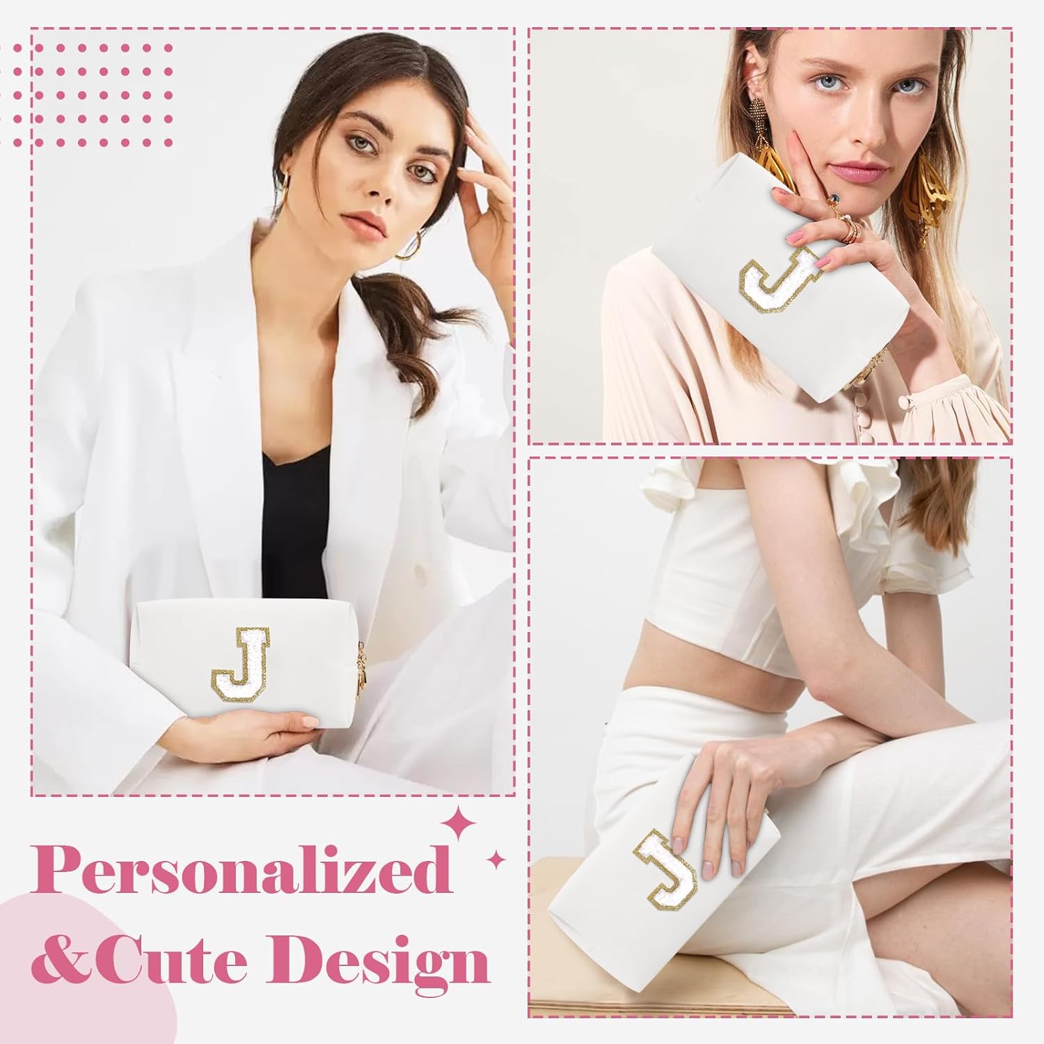 Bolsa de maquillaje personalizada con inicial A-Z, pequeña bolsa de cosméticos de viaje de piel sintética con cremallera, bonita bolsa de aseo
