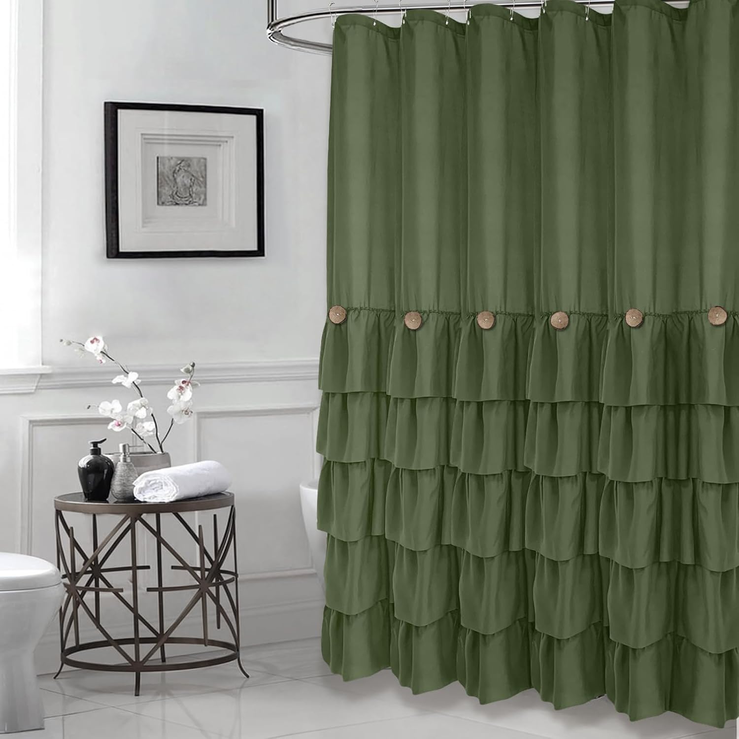 Seasonwood Cortina de ducha verde salvia para baño, bonita cortina de ducha con volantes, 72 x 72 pulgadas, cortinas de ducha con botones y volantes