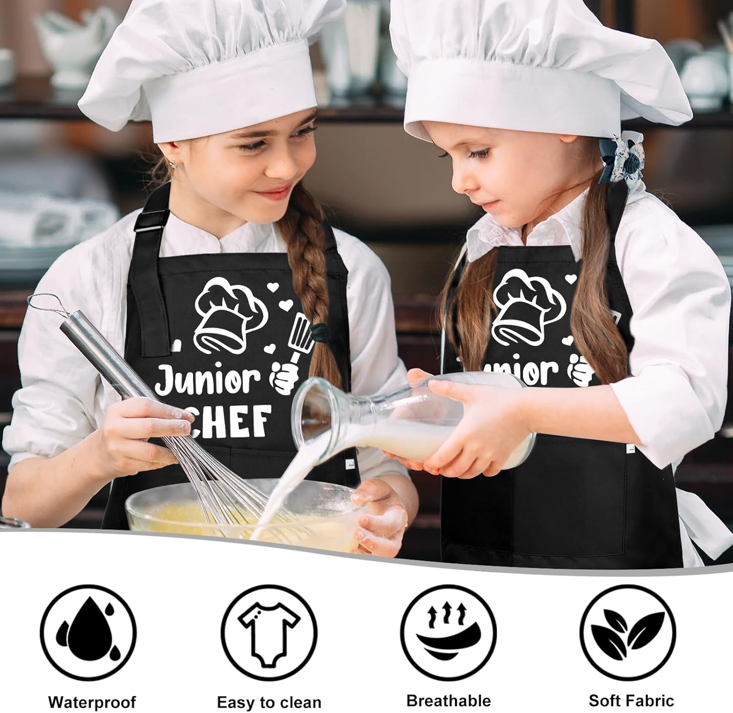 Auidy_6TXD Juego de delantal y sombrero de chef, delantal ajustable para niños, delantal divertido con 2 bolsillos para niños y niñas
