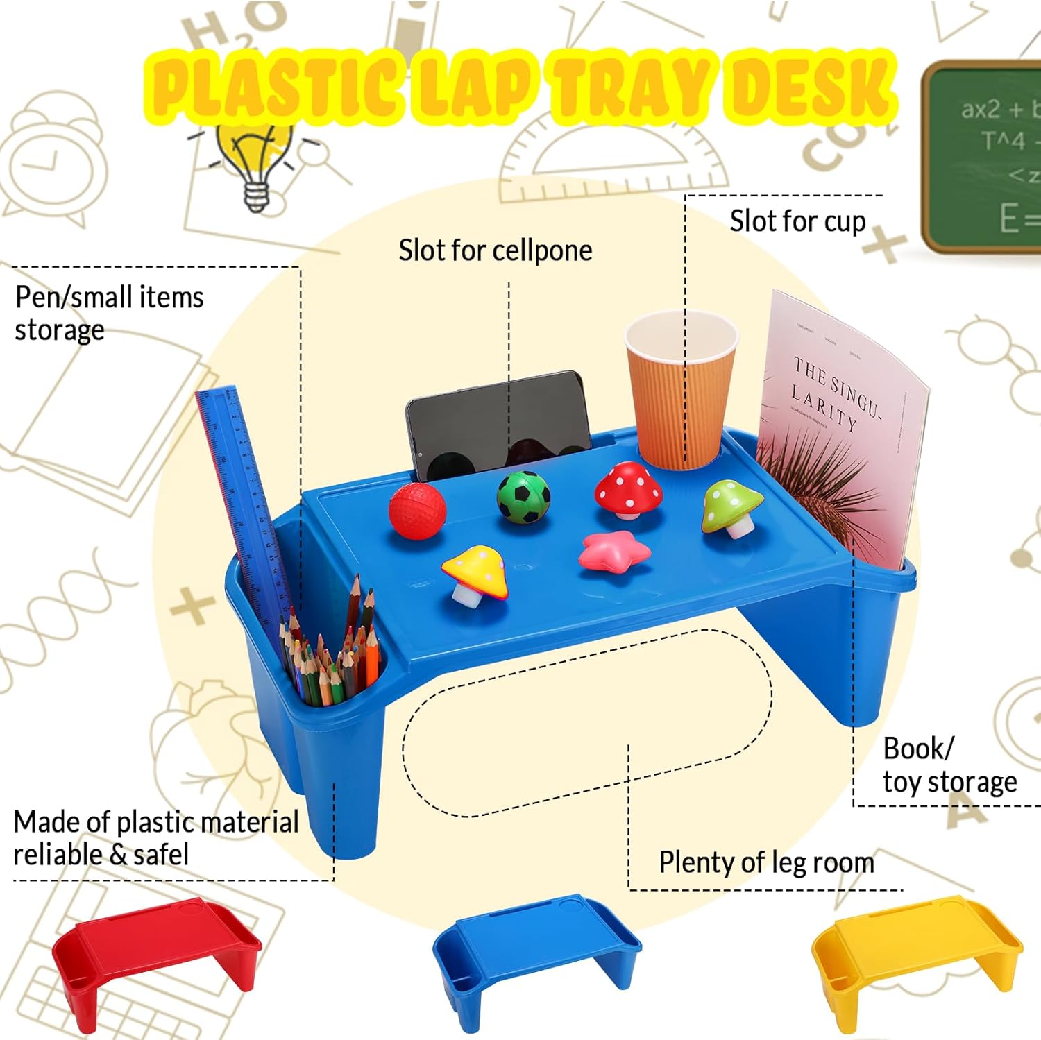 Geetery 6 bandejas de escritorio de regazo para niños con almacenamiento de plástico para computadora portátil con bolsillos laterales y ranura,