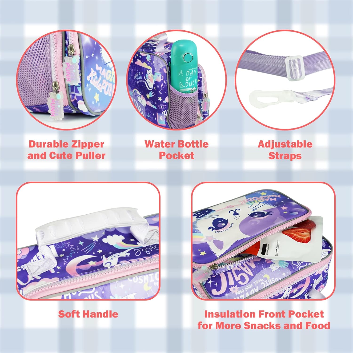Purple Cat – Lonchera unisex para niños y niñas, de aluminio, con soporte para botella de agua, aislada, sin BPA, fácil de limpiar, gran habitación