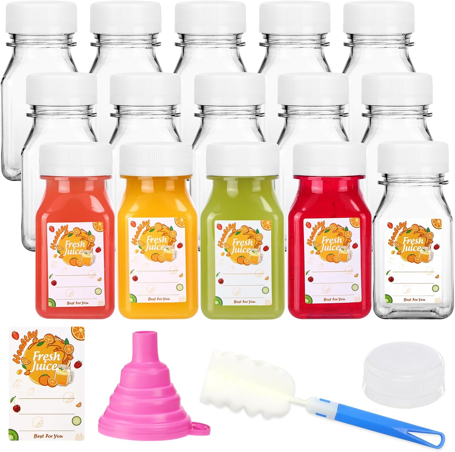 Moretoes Botellas de chupito de 4 onzas con tapas, 15 botellas de plástico para jugos, recipientes de bebidas a granel con tapas para jugos,