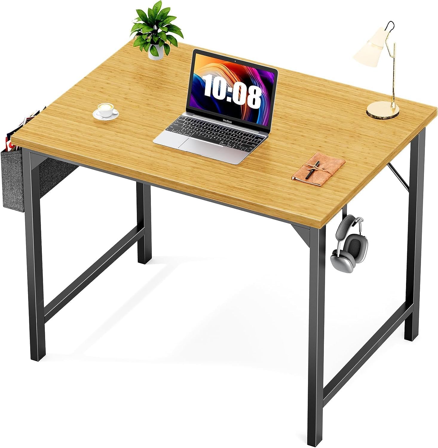 Sweetcrispy Escritorio – Mesa pequeña de madera de 32 pulgadas con bolsa de almacenamiento y gancho de hierro para el hogar, dormitorio, naturaleza