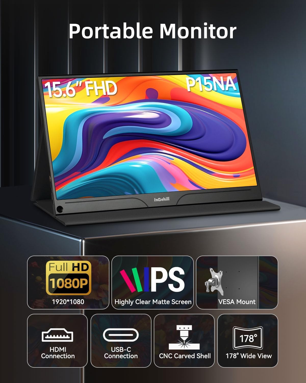 Intehill Monitor portátil para portátil y mini PC, pantalla 1080P Matt A+ de 15.6 pulgadas con USB tipo C y HDMI, monitor de viaje para nómadas