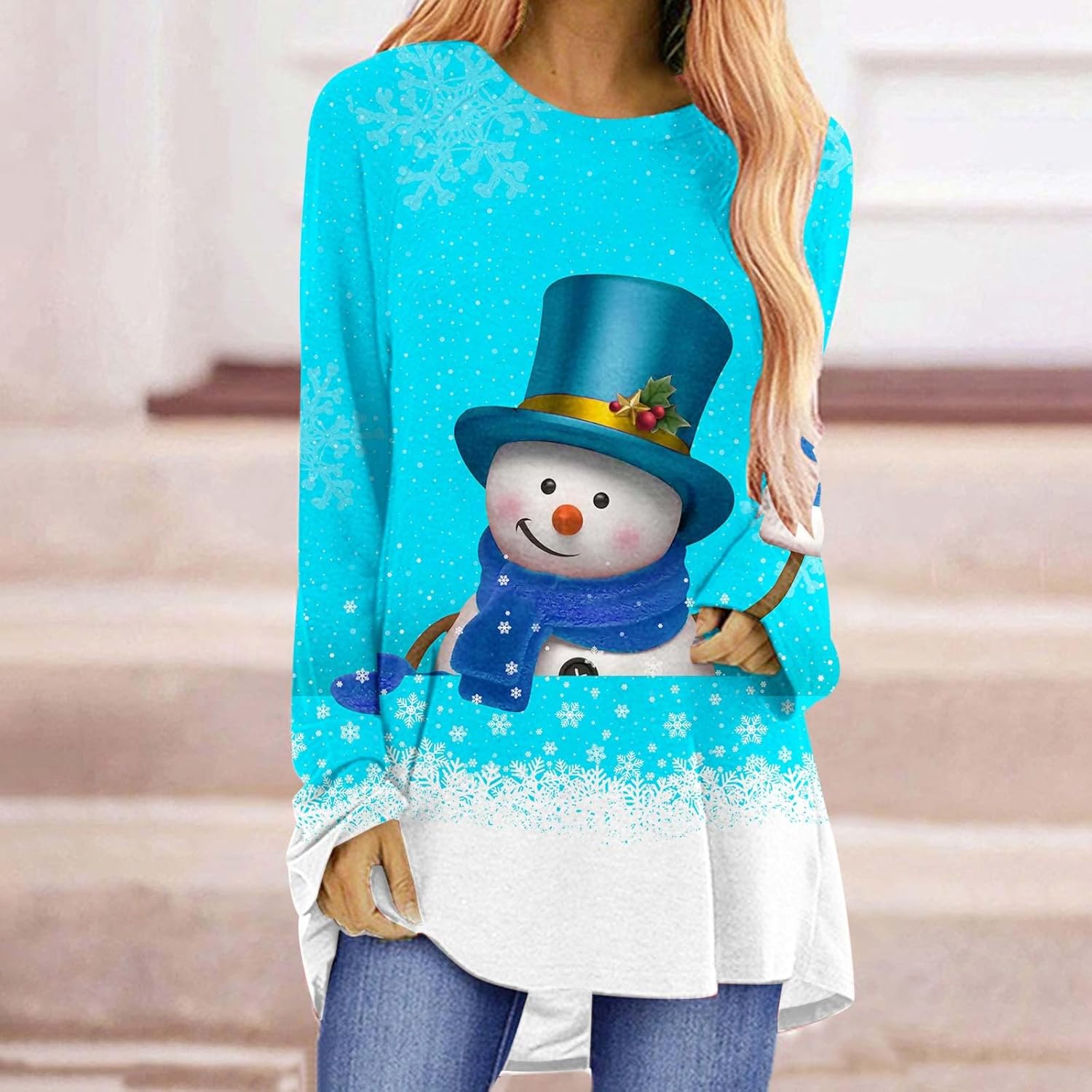 Impresiones navideñas para mujer, para otoño e invierno, a la moda, de manga larga, talla grande, casual, ligera, cuello redondo