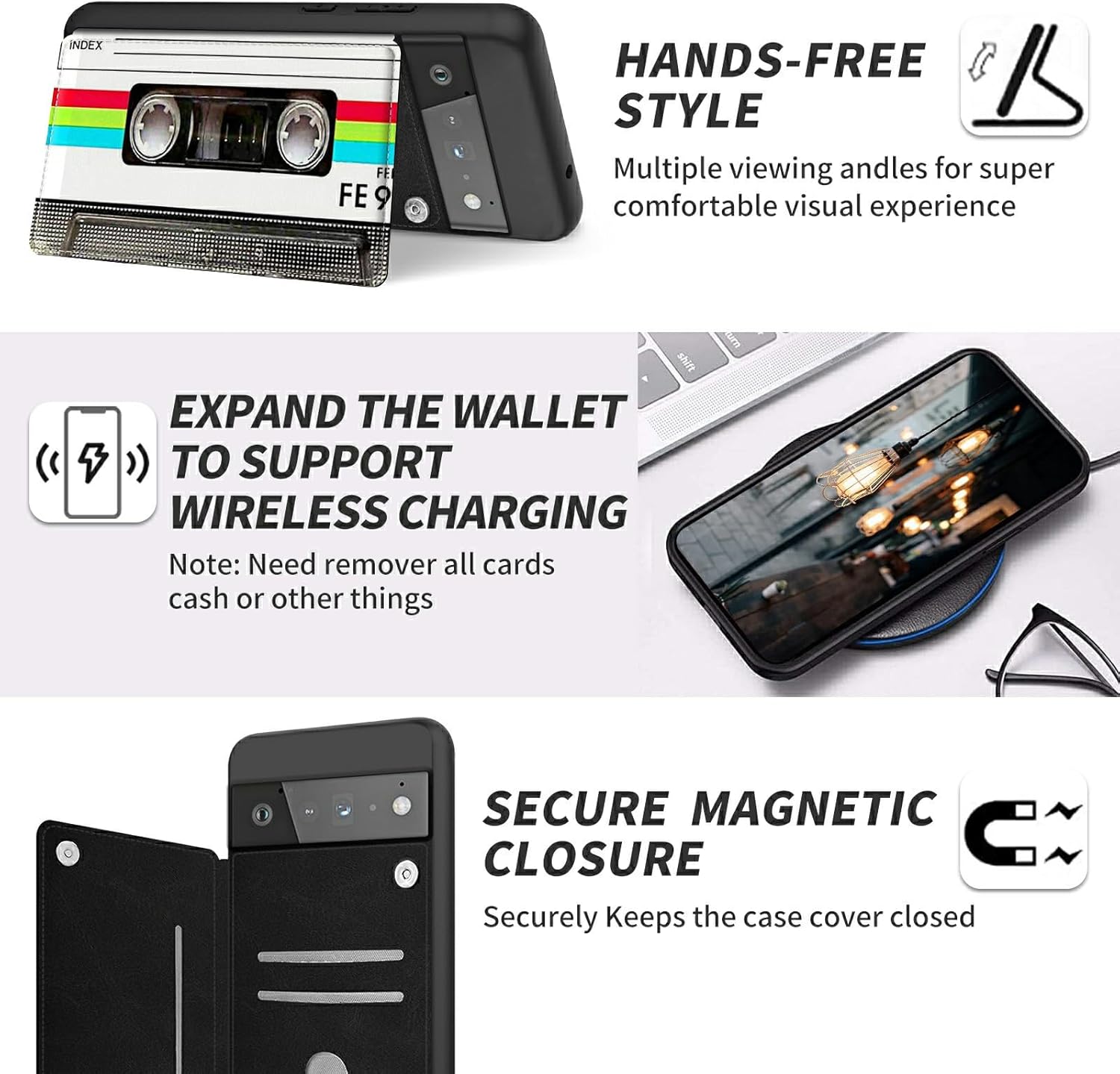 Funda para Google Pixel 6 Pro con ranura para tarjetero, funda de piel sintética, doble cierre magnético y cubierta duradera a prueba de golpes,
