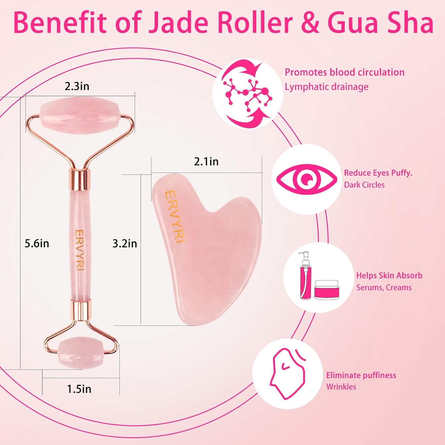 Juego de rodillo de jade y Gua Sha, rodillo facial de cuarzo rosa, herramientas faciales Gua Sha, masajeador facial para mujeres, alivia el estrés,