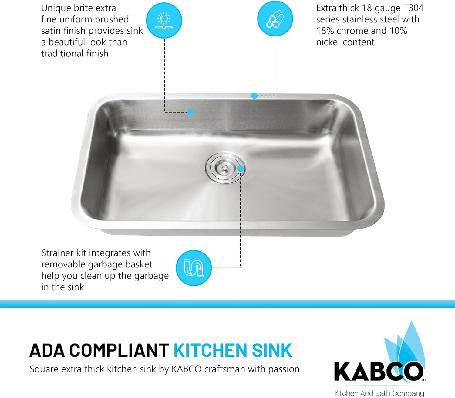 KABCO Fregadero de cocina de acero inoxidable de 30 pulgadas compatible con la ADA, con colador de fregadero, cesta de basura extraíble y rejilla de
