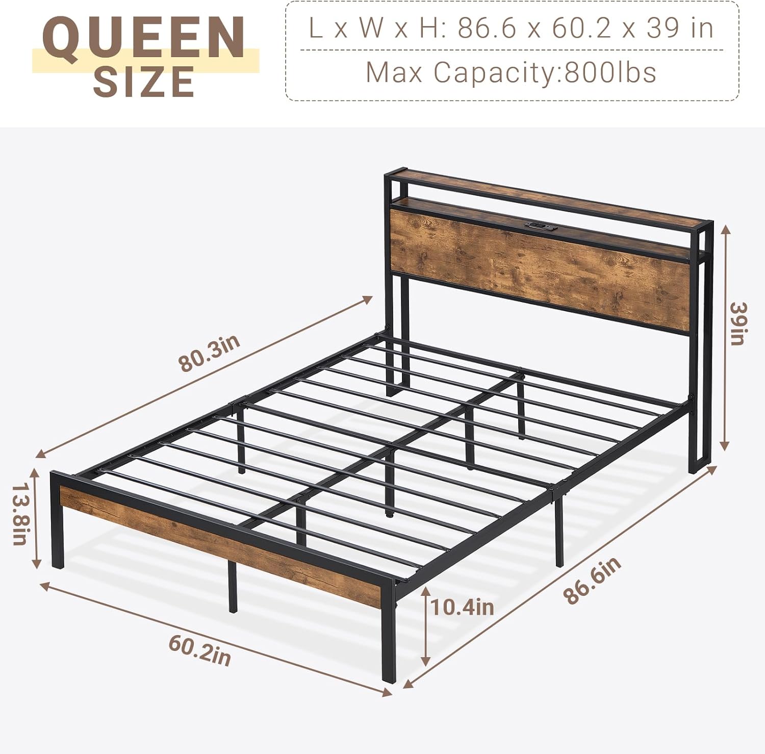 Zevemomo Base de cama Queen con estación de carga, base de cama de plataforma tamaño Queen con cabecera de estante de almacenamiento, marco de cama