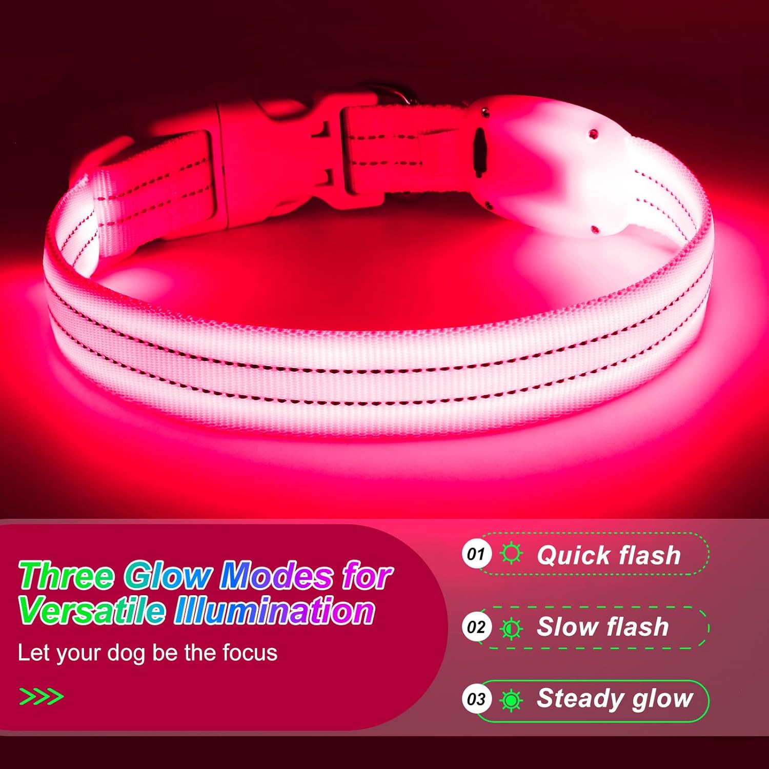 Visinite Collar de perro LED recargable por USB, collares de perro con luz totalmente ajustable para perros pequeños, medianos y grandes, 3 modos