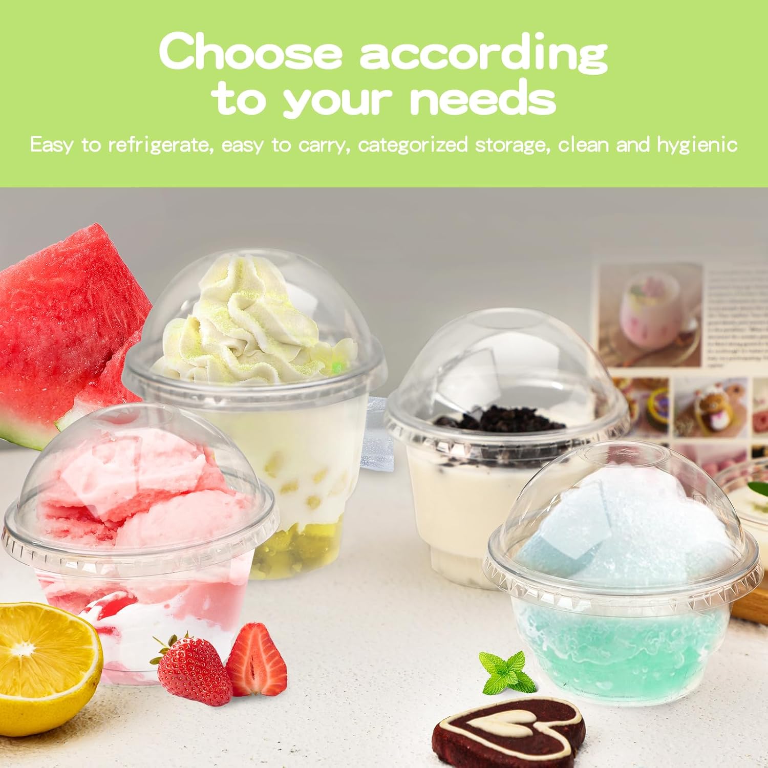 Giwrmu 50 tazas de postre de plástico transparente de 8 onzas con tapa de cúpula, tazas desechables para helado y tazas de parfait, vasos de