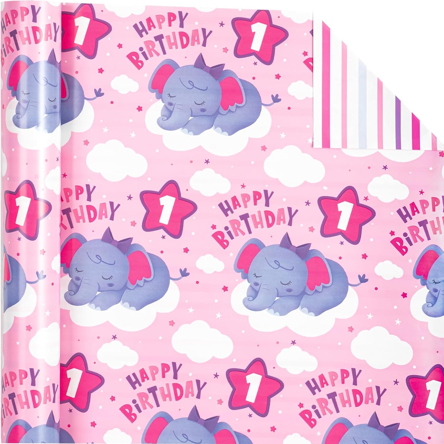 WRAPAHOLIC Papel de regalo reversible de primer cumpleaños, mini rollo, 17 pulgadas x 33 pies, adorable diseño de elefante de feliz cumpleaños para