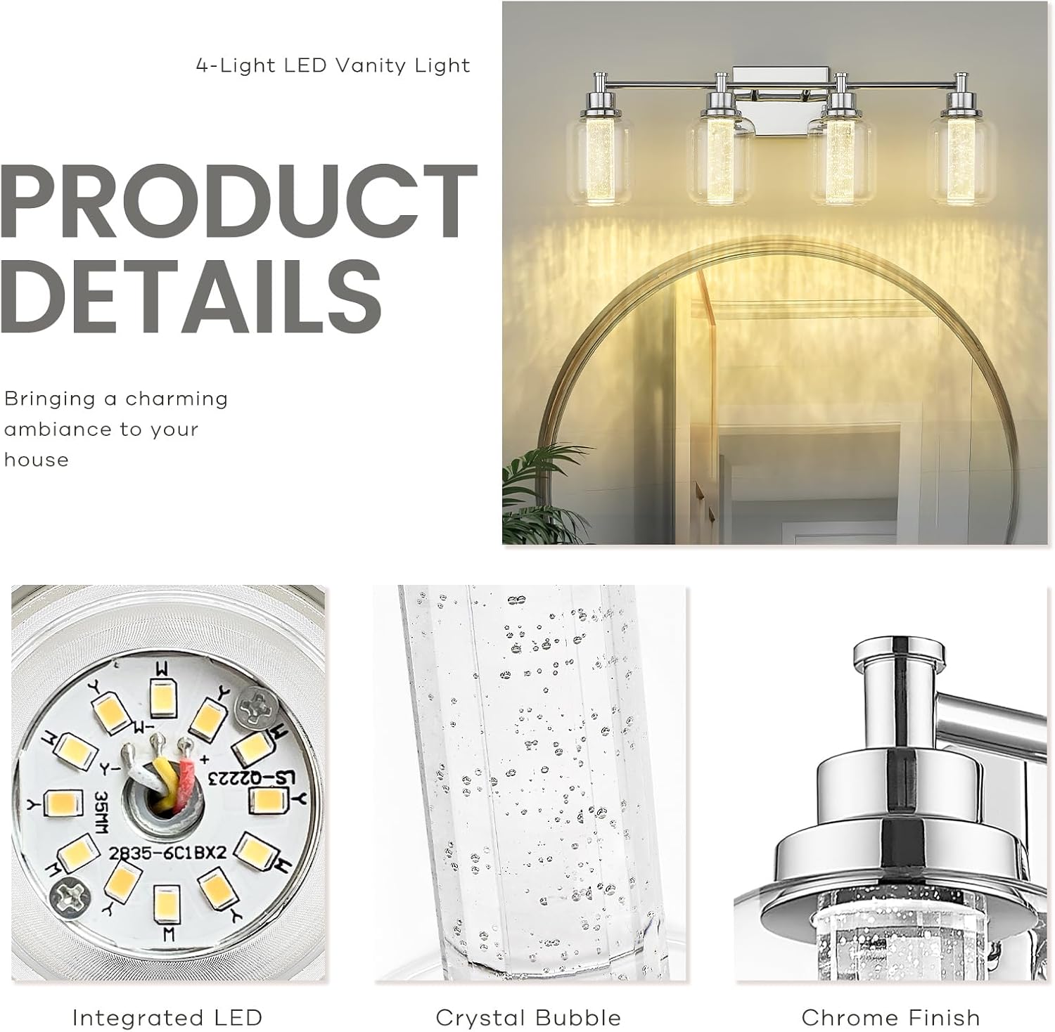 zeyu ZJF74B LED-4W CH – Lámpara de baño de 4 luces, 18 W, con 3 modos de color (3000 K4000 K5000 K), lámpara de pared regulable para baño, acabado