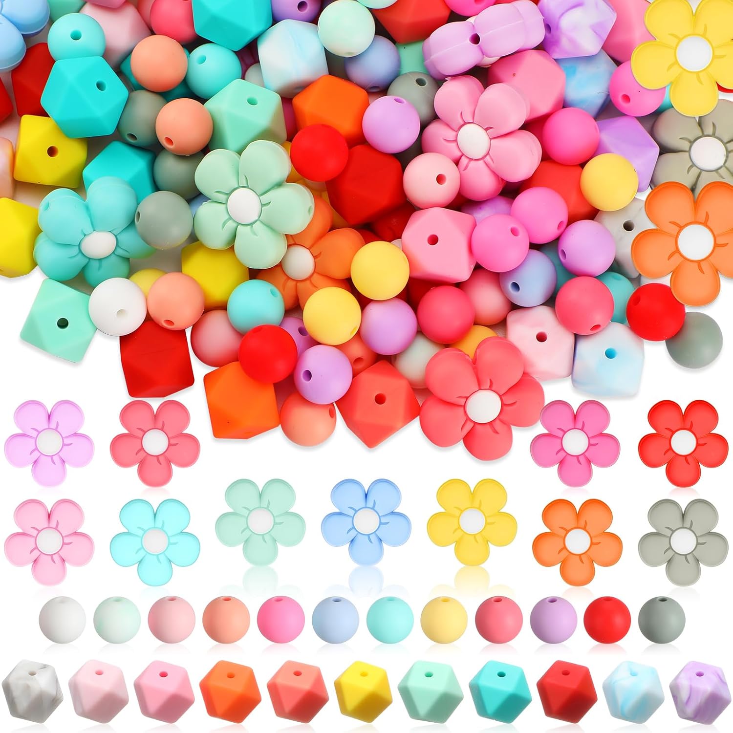 El juego de 186 cuentas de silicona coloridas a granel incluye cuentas de goma redondas de 0.472 pulgadas, cuentas de silicona hexagonales de 0.555