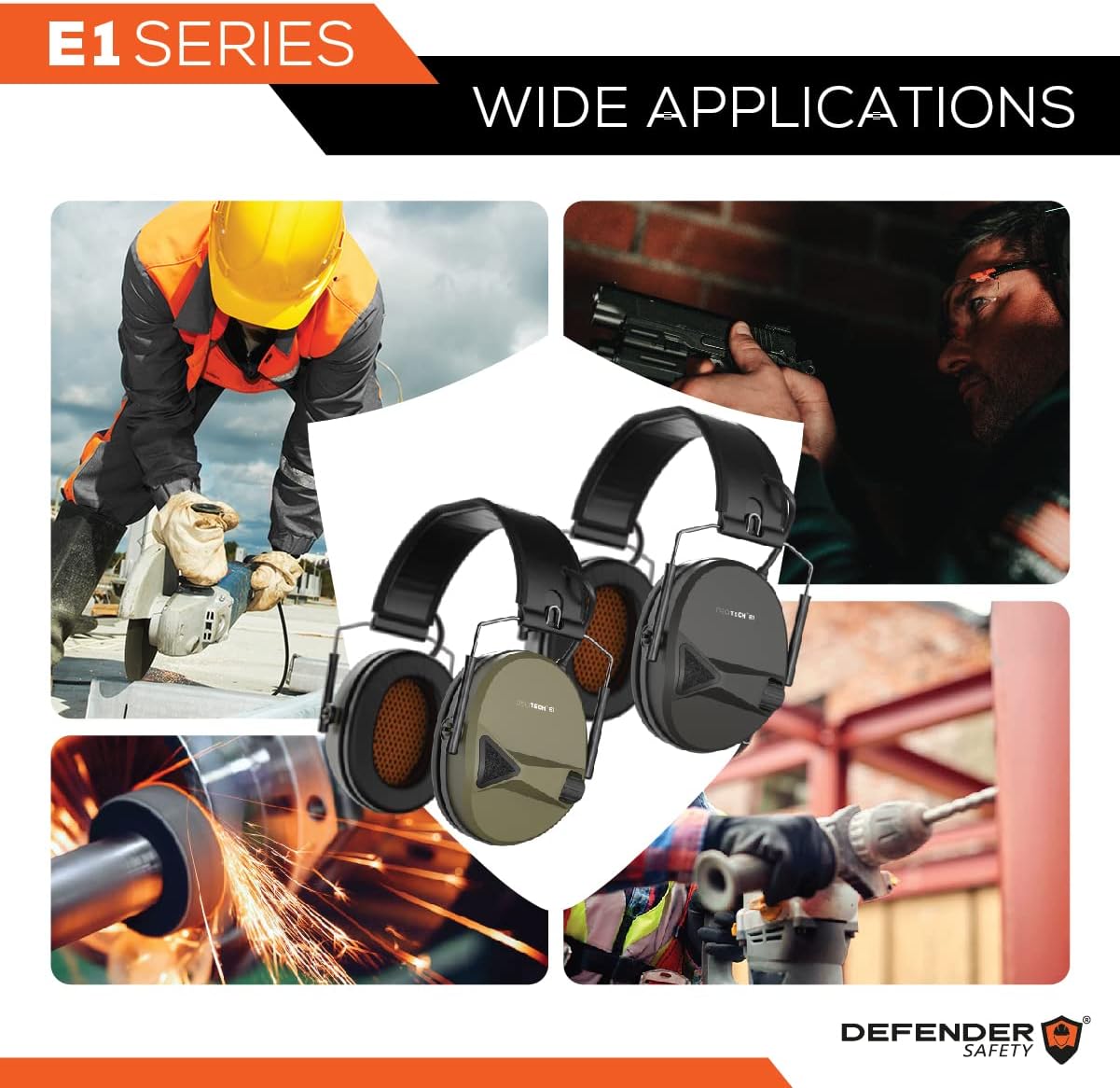 Defender Safety Decitech E1 – Protección auditiva activa electrónica, disparo, rango, caza, orejeras tácticas, 24 NNR clasificado.