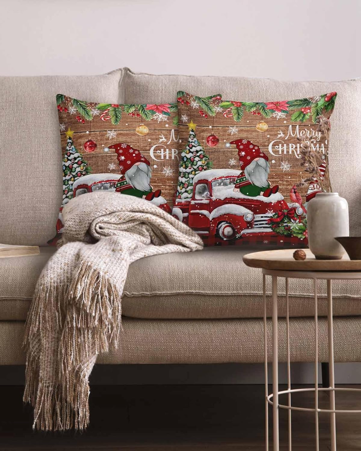 Juego de 2 fundas de almohada de 18 x 18 pulgadas, diseño de camión de gnomo de Navidad, fundas de almohada cuadradas de lino y algodón para patio,