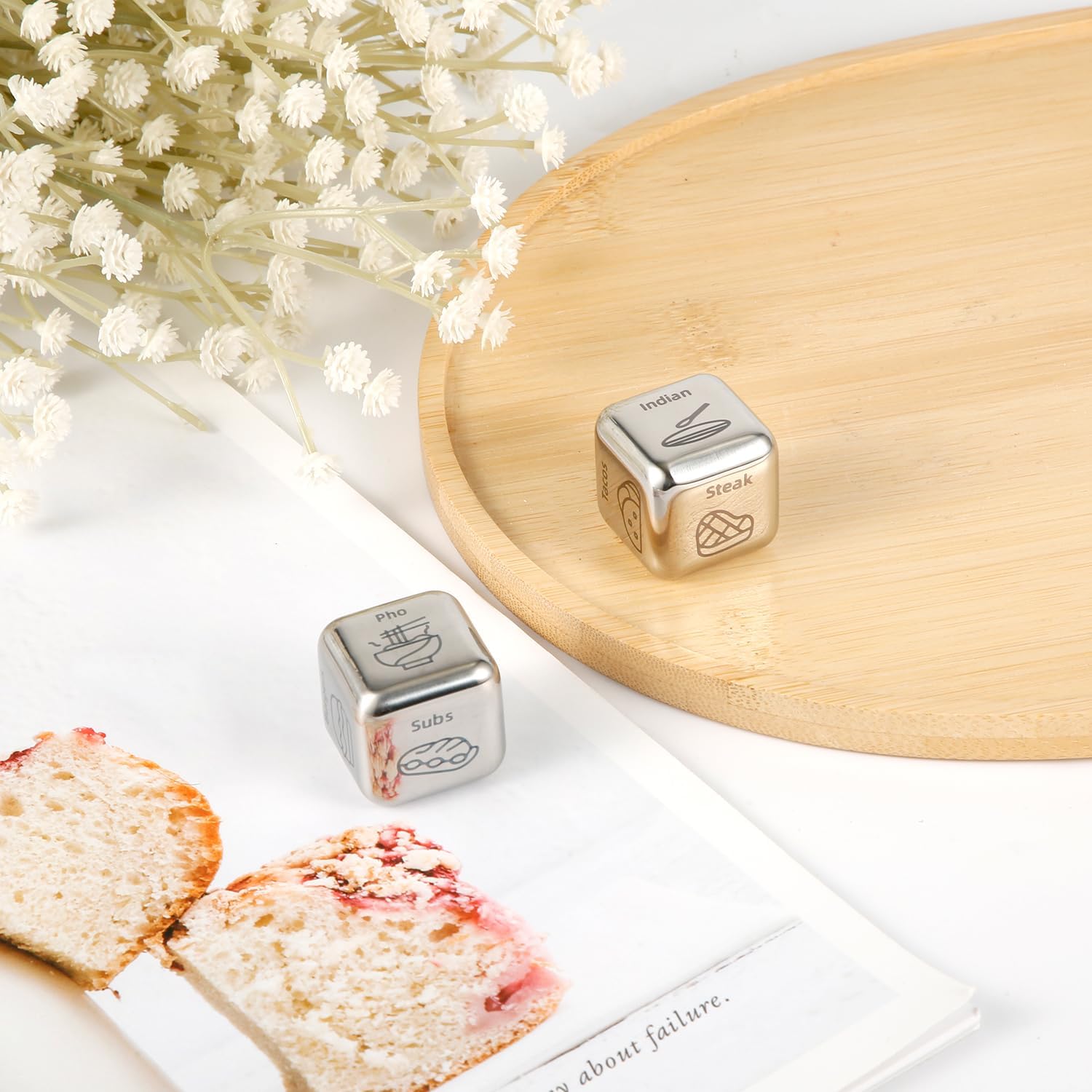 2 dados de decisión de alimentos, dados de acero de 1 x 1 x 1 pulgada, dados de metal para decidir comida para citas, citas, citas, citas, regalos