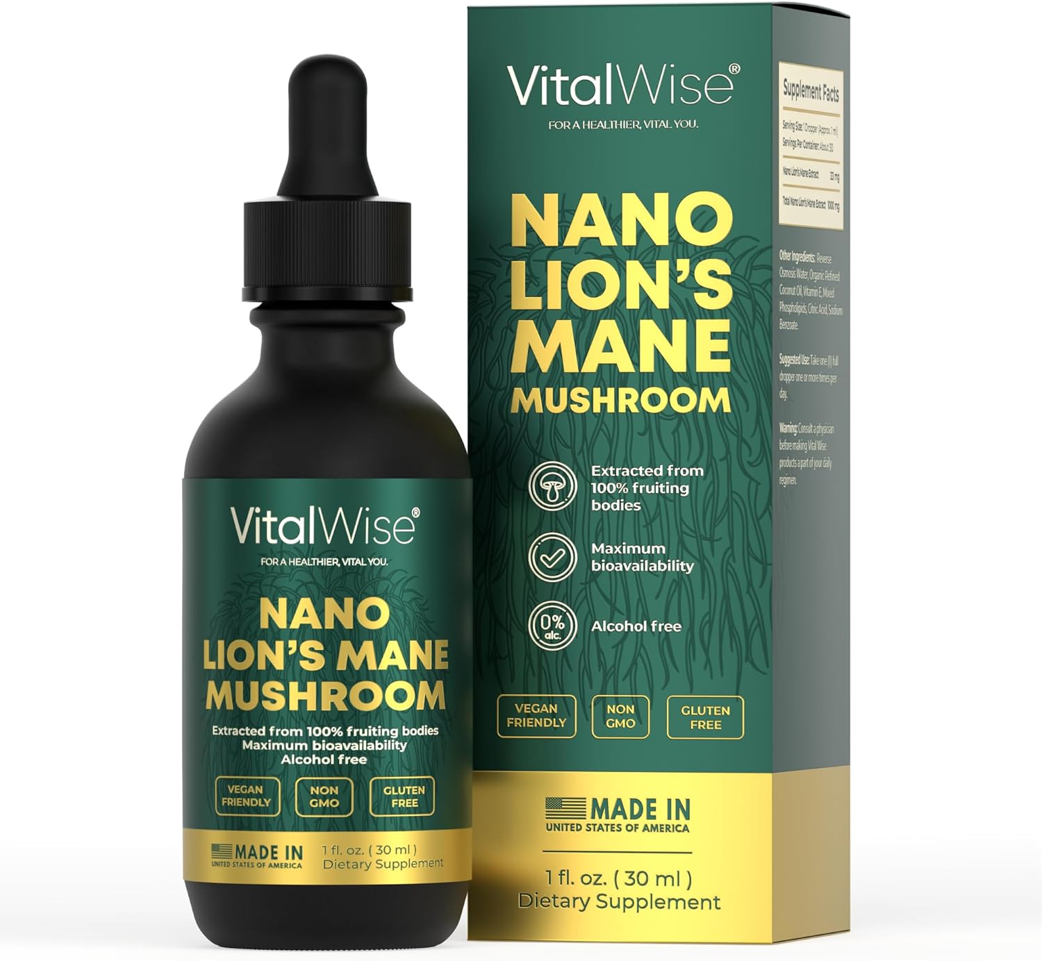 VitalWise Tintura de hongo de melena de león nano – Absorción rápida y máxima para el cerebro y el sistema inmunológico, extracto líquido orgánico