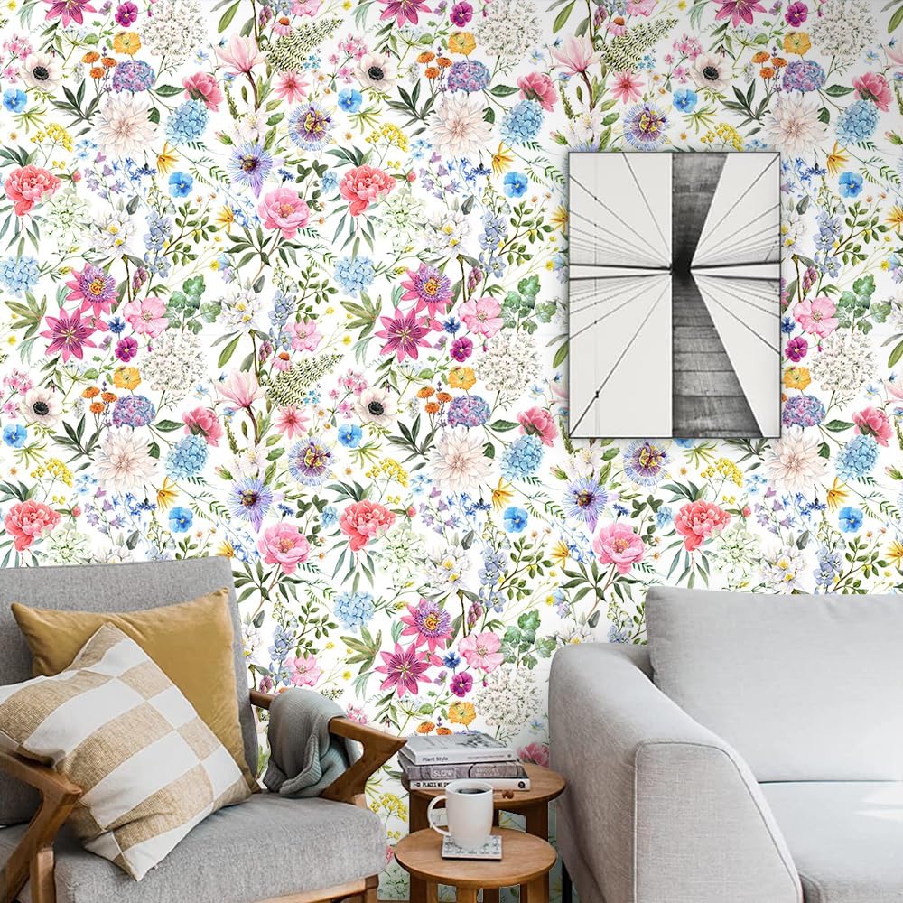 COKCOKR Papel tapiz floral bohemio para despegar y pegar, papel de contacto floral y hojas, papel de contacto extraíble impermeable, autoadhesivo