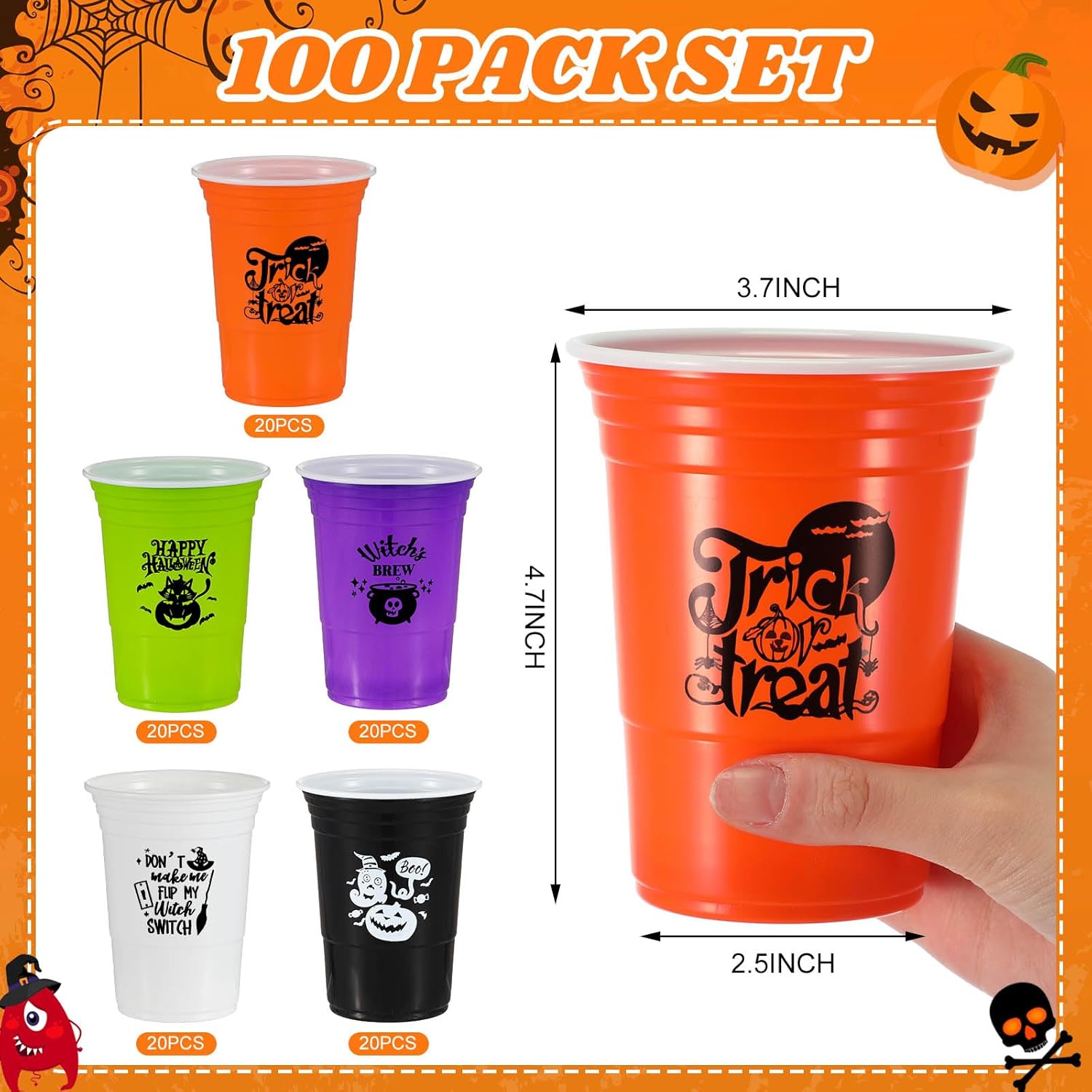 100 vasos de plástico de Halloween, 16 onzas, vasos desechables de Halloween, tazas de calabaza y bebidas frías para Halloween, suministros de
